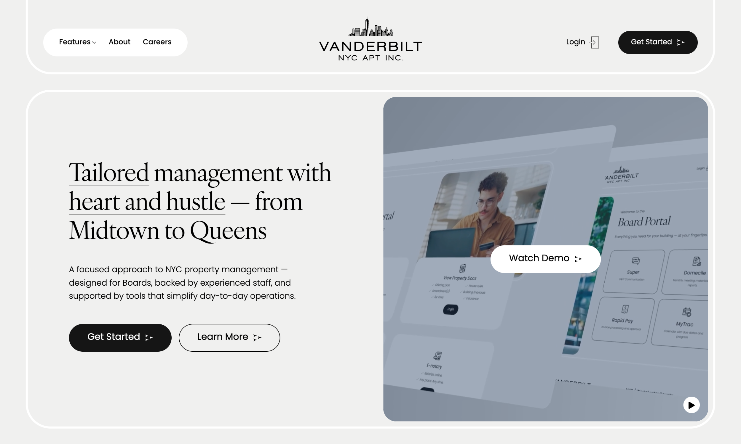 Vanderbilt NYC Apt Inc. homepage showcases an apartment management website, featuring a slogan about property management, easy navigation buttons, and an image of a computer screen with a demo video.