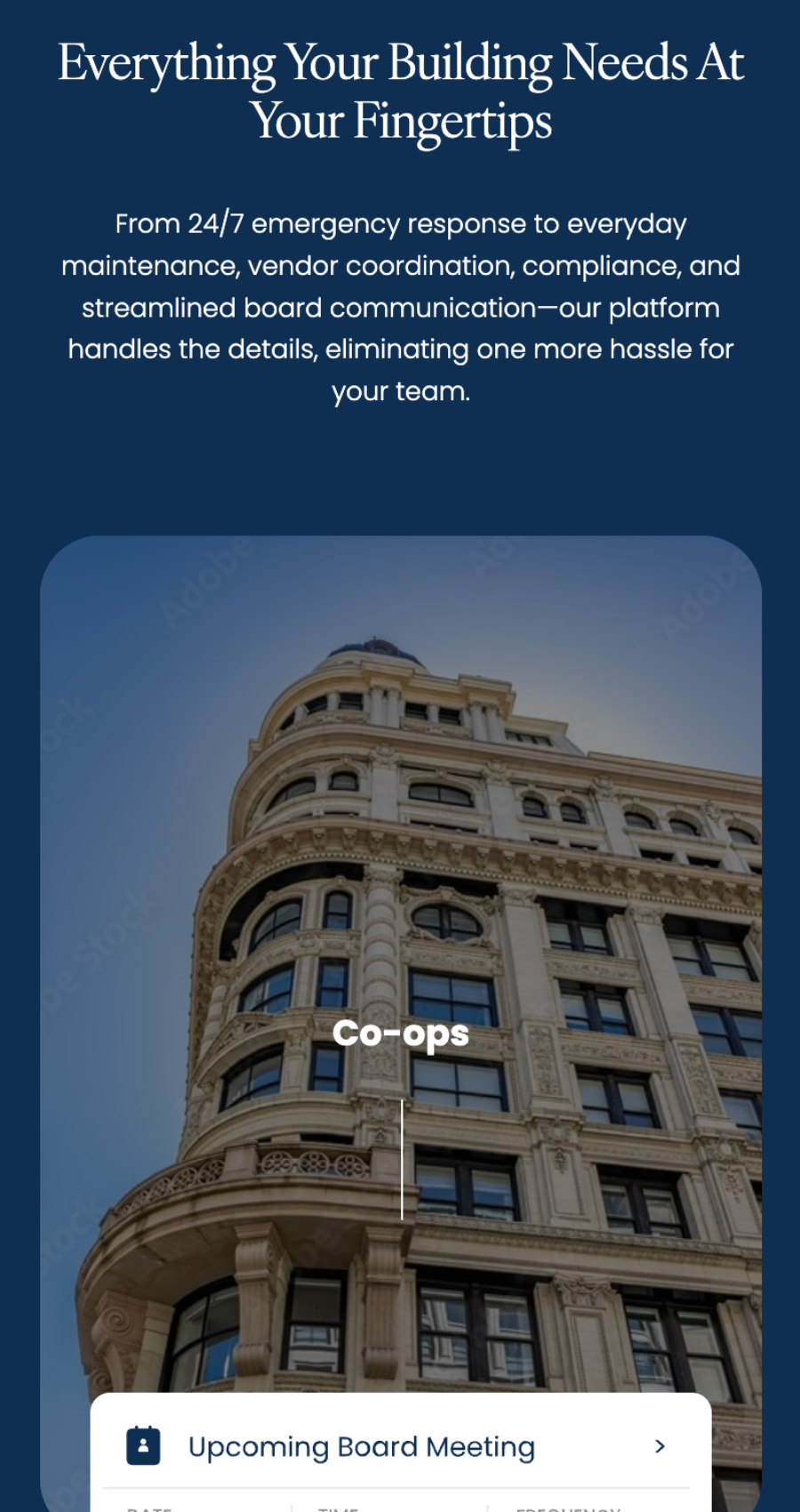 A multi-story historic building with ornate architectural details, showcased on an apartment management website for co-op board management and upcoming board meeting notifications.