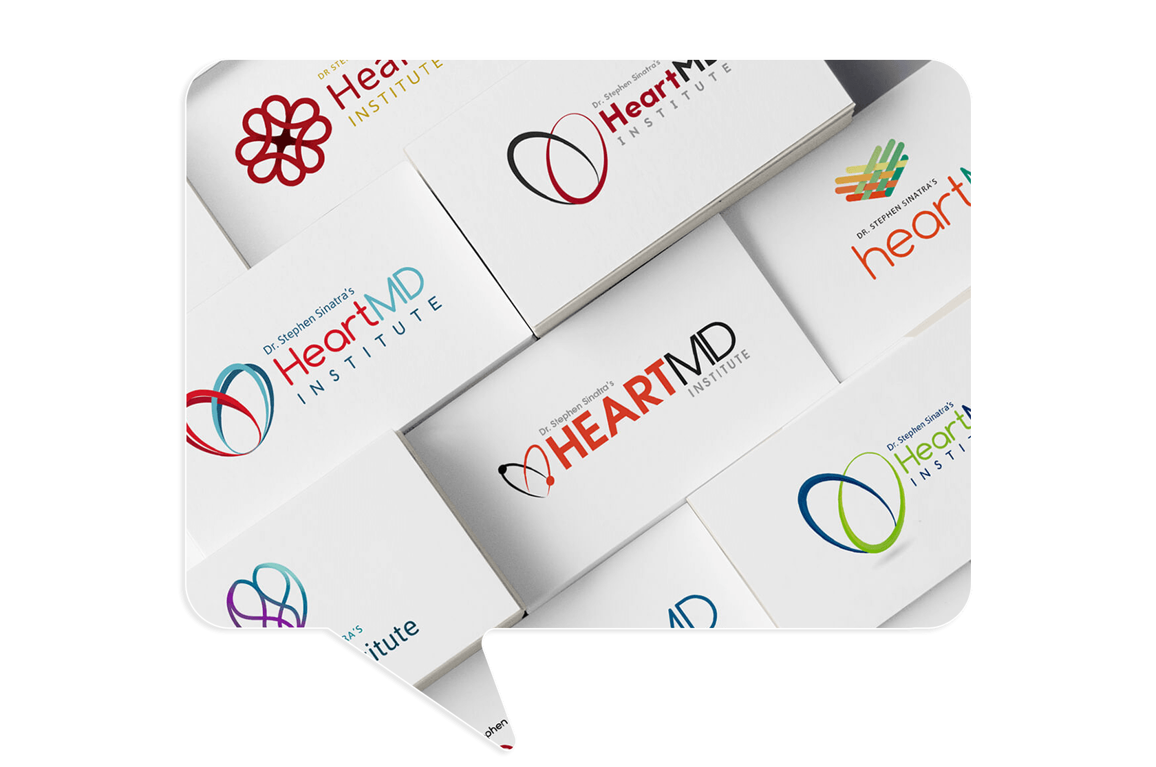 Several business cards with different HeartMD Institute logos featuring heart-shaped and abstract designs, displayed in an overlapping arrangement.