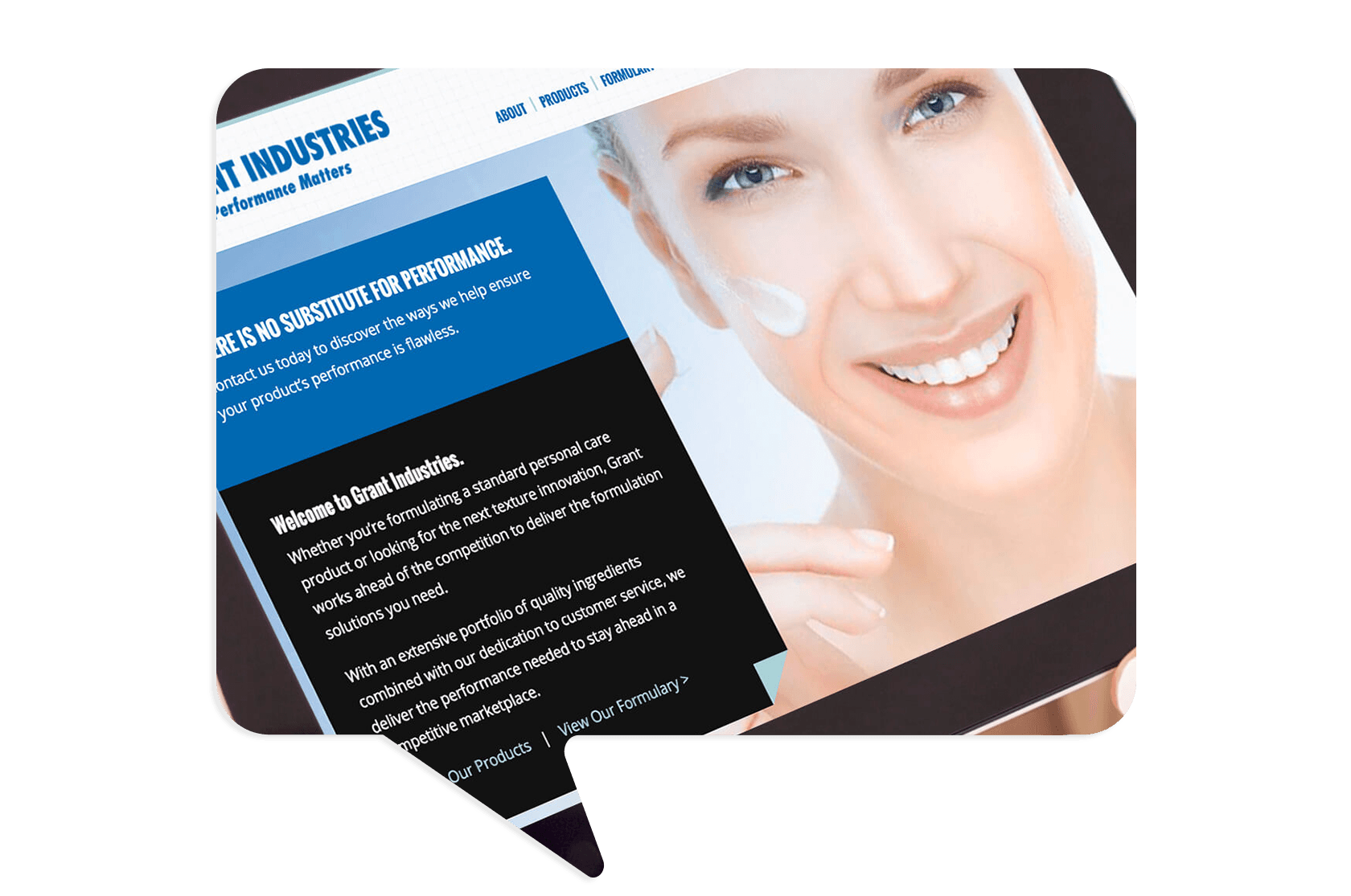 A close-up of a website showing a smiling woman applying cream to her face, next to text about personal care products and company information.