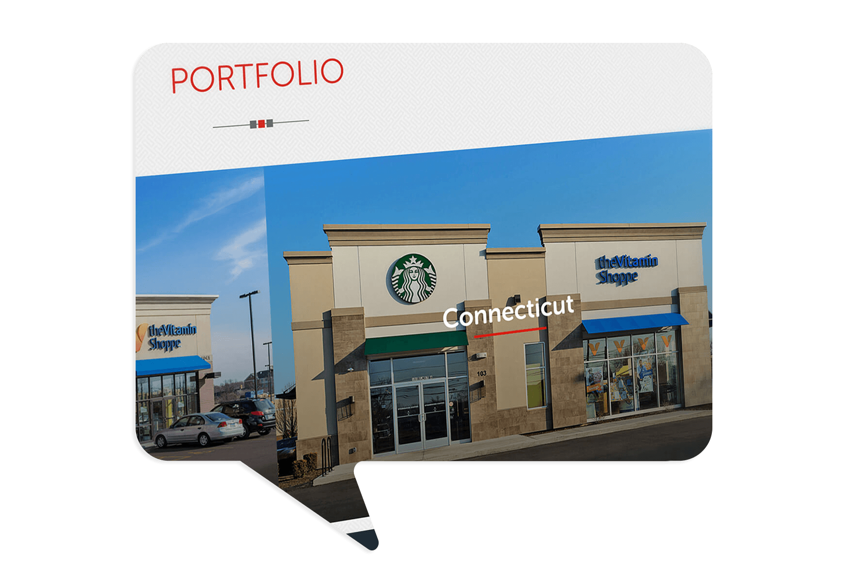 A shopping plaza in Connecticut featuring a Starbucks and The Atlantic Shoppe under a clear blue sky.