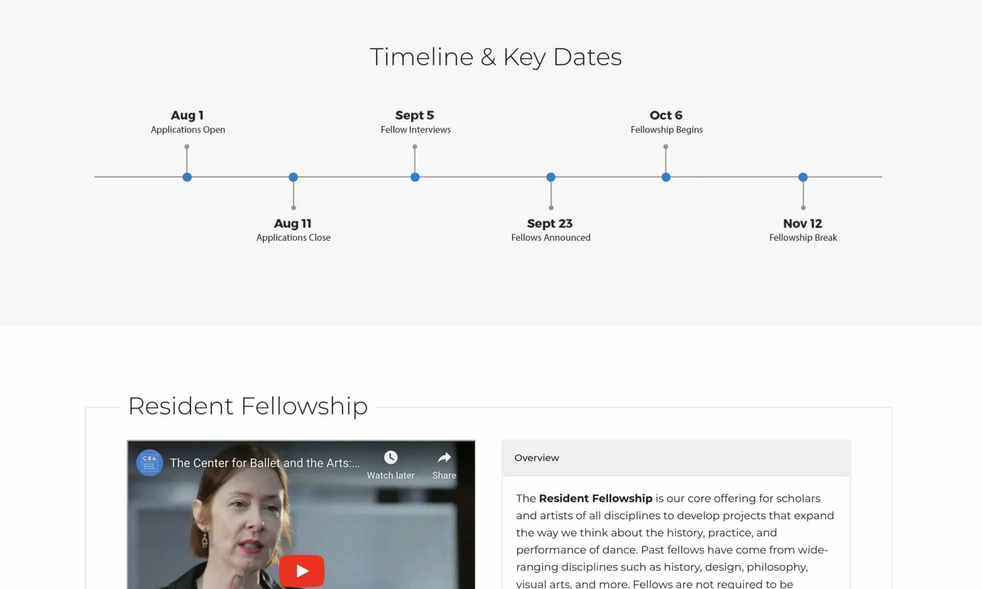 A horizontal timeline with key dates: Aug 1 applications open, Aug 11 applications close, Sept 5 interviews, Sept 23 fellows announced, Oct 6 fellowship begins, Nov 12 fellowship break.