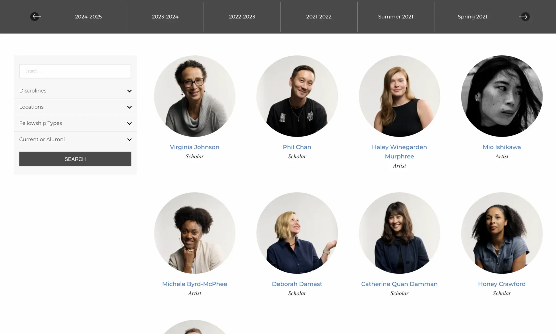 A grid of professional headshots showing six women and one man, each labeled as either 'scholar' or 'artist,' displayed on a webpage with search and filter options.