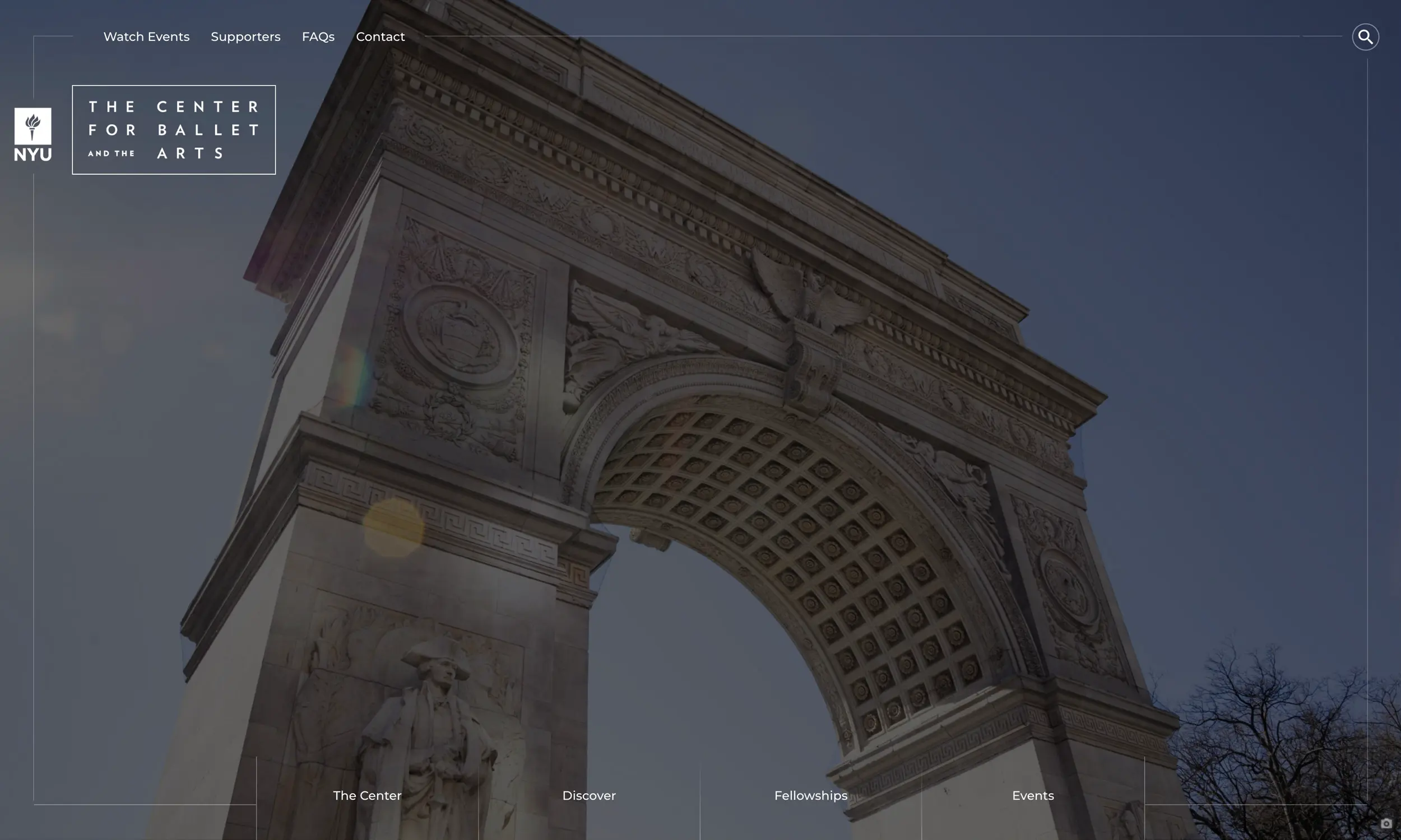 NYU The Center for Ballet and the Arts desktop homepage hero with Washington Square Arch image and primary navigation