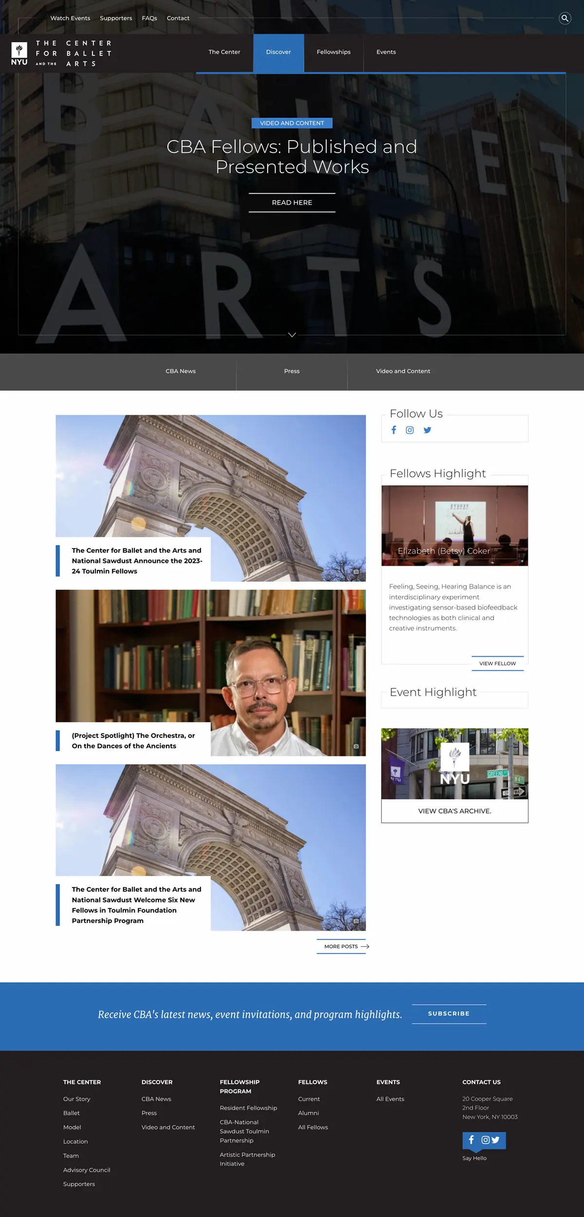 Screenshot of the Center for Ballet and the Arts webpage featuring published works by CBA Fellows, with navigation menu, articles, and sidebars for news and events.