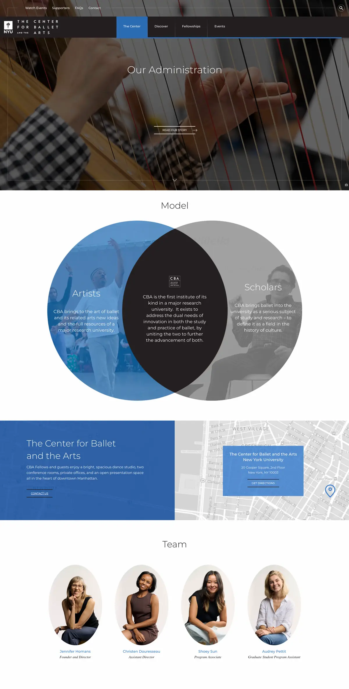 Screenshot of a webpage for the Center for Ballet and the Arts showing administration, model with artists and scholars, location map, and photos of four female team members with names and titles.