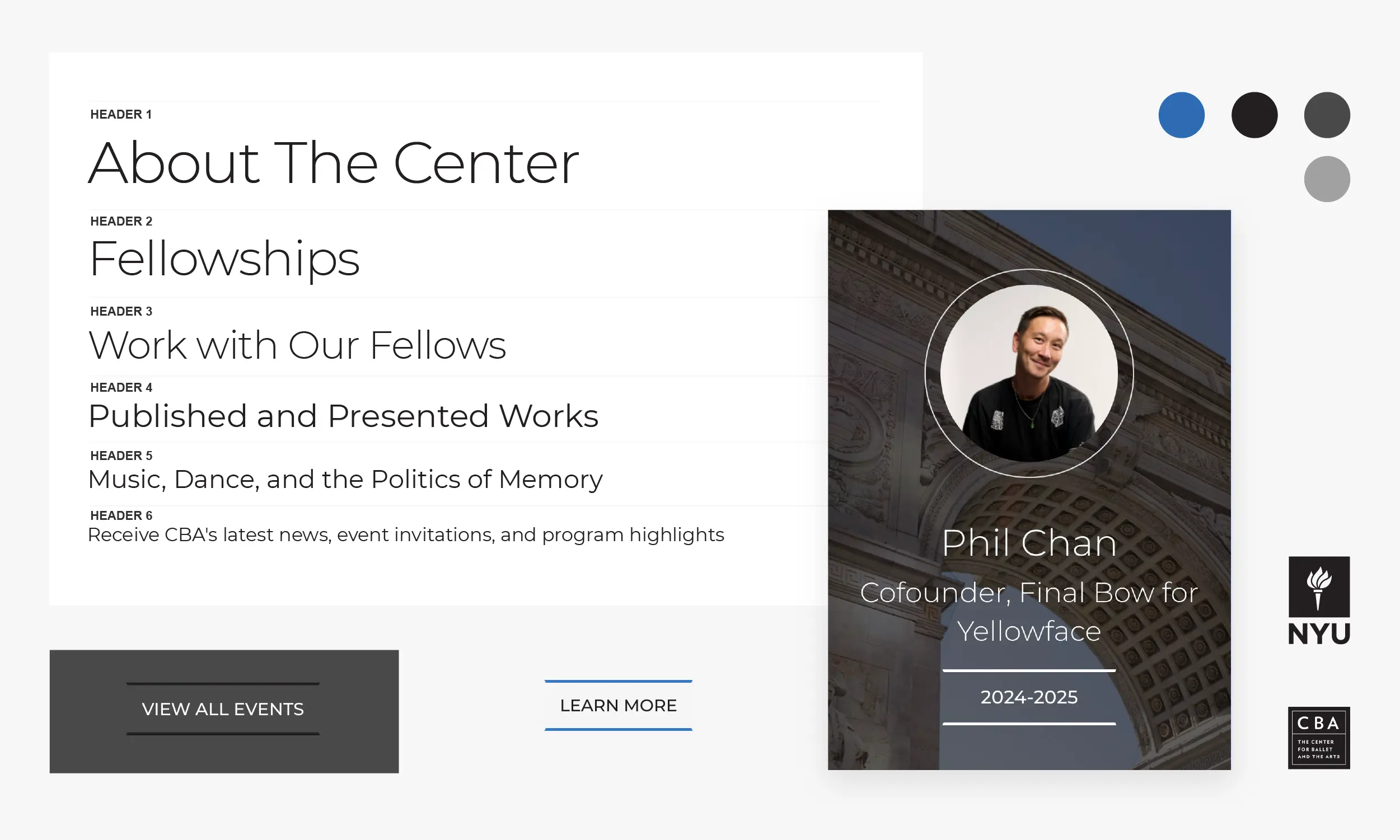 A webpage section displays information about fellowships, events, and features Phil Chan as a 2024–2025 fellow, with logos for NYU and CBA on the right side.