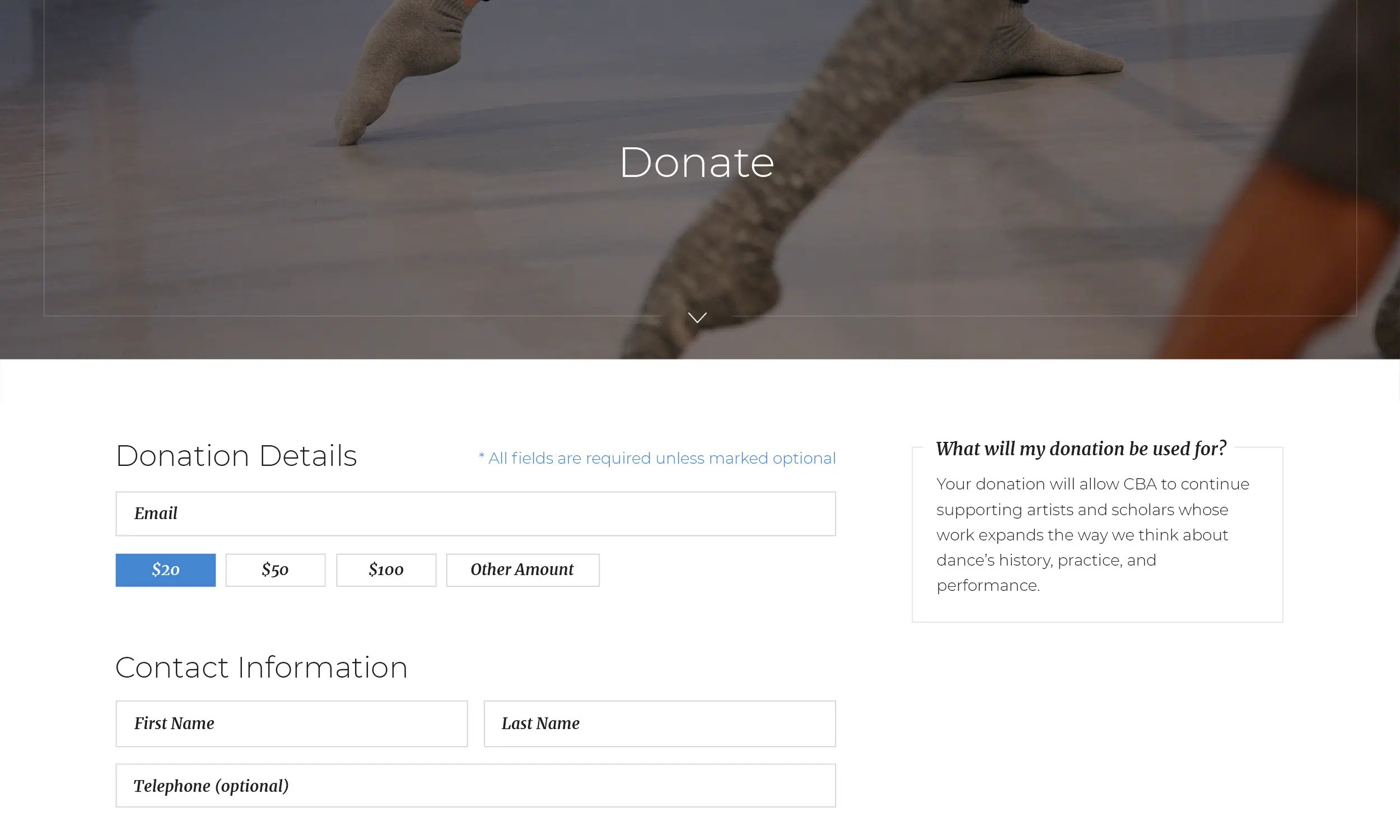Online donation form with fields for email, donation amount selection, contact information, and a note explaining how donations support artists and dance research.