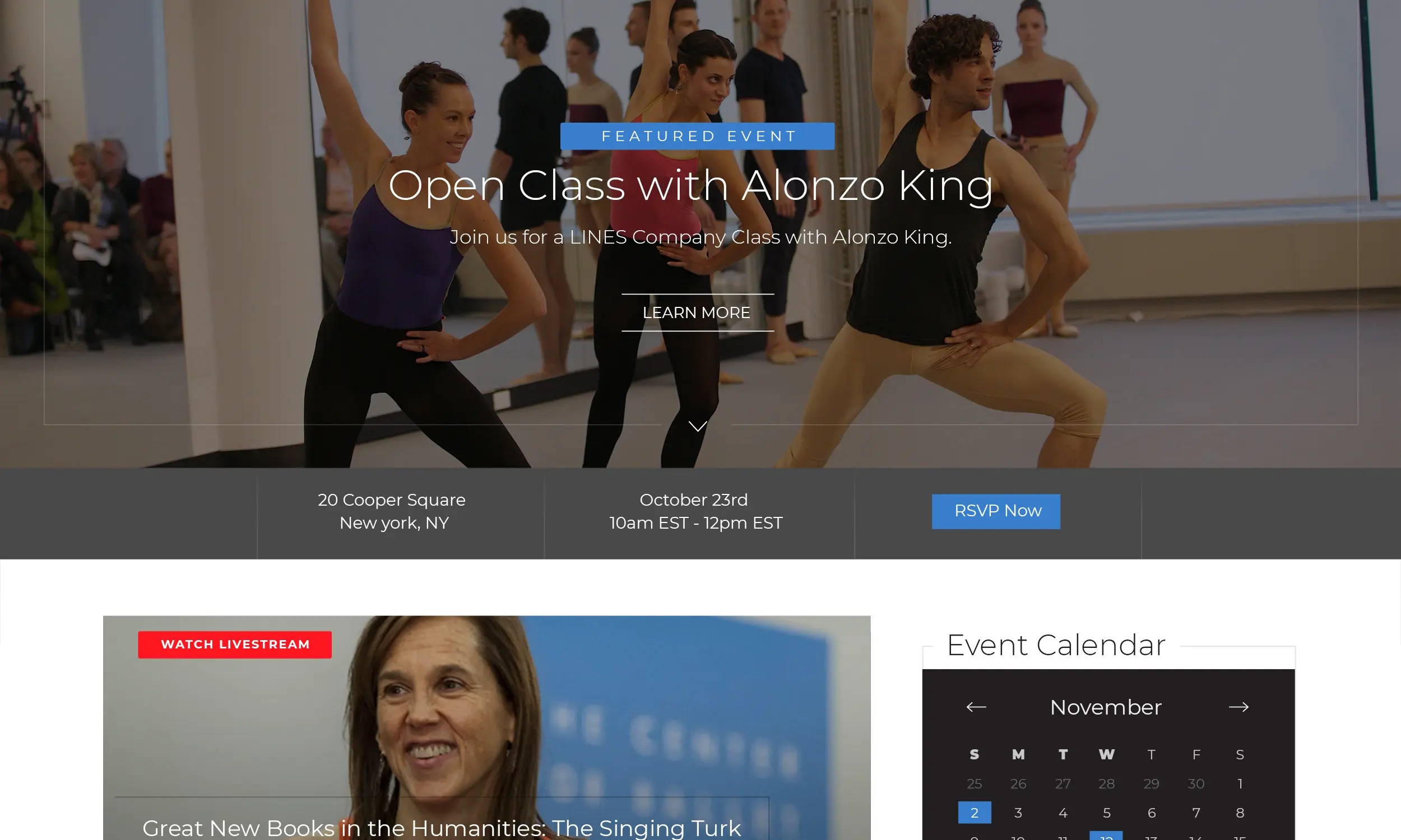 Ballet dancers in a studio practice for an open class event with Alonzo King; a promotional banner and event details appear over the image.