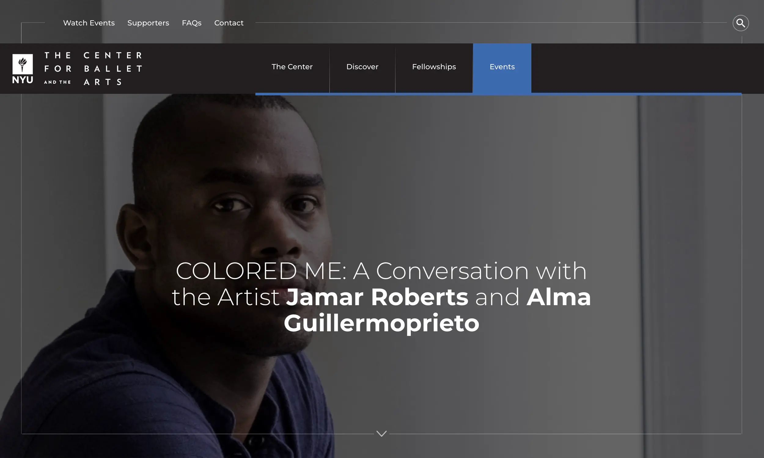 A man sits in front of a blurred background. Text reads: "COLORED ME: A Conversation with the Artist Jamar Roberts and Alma Guillermoprieto" on The Center for Ballet and the Arts website.