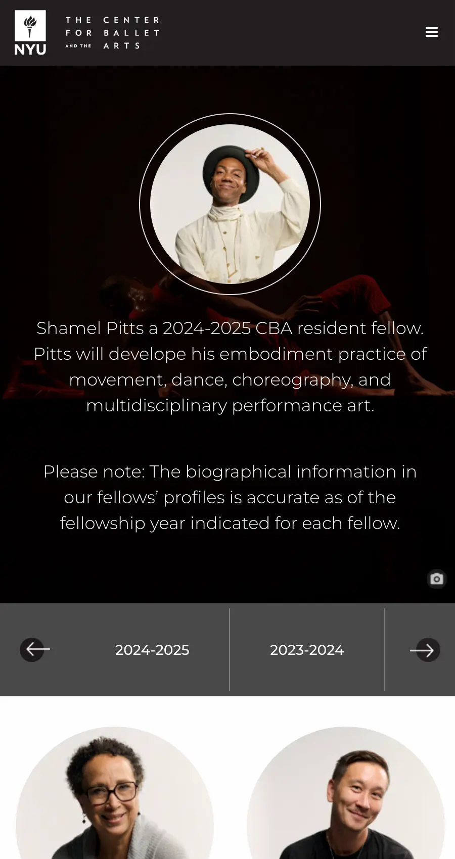 NYU The Center for Ballet and the Arts mobile view featuring 2024–2025 resident fellow highlight and fellowship year navigation