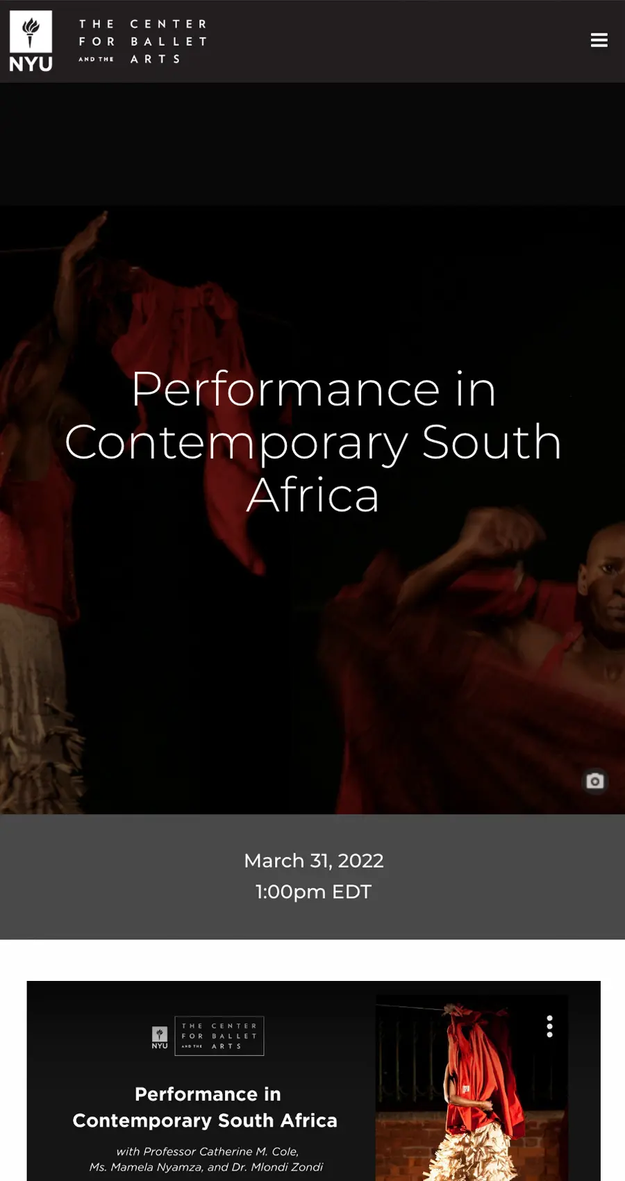 A stage scene from a performance in contemporary South Africa, with dancers in motion and event details displayed below.