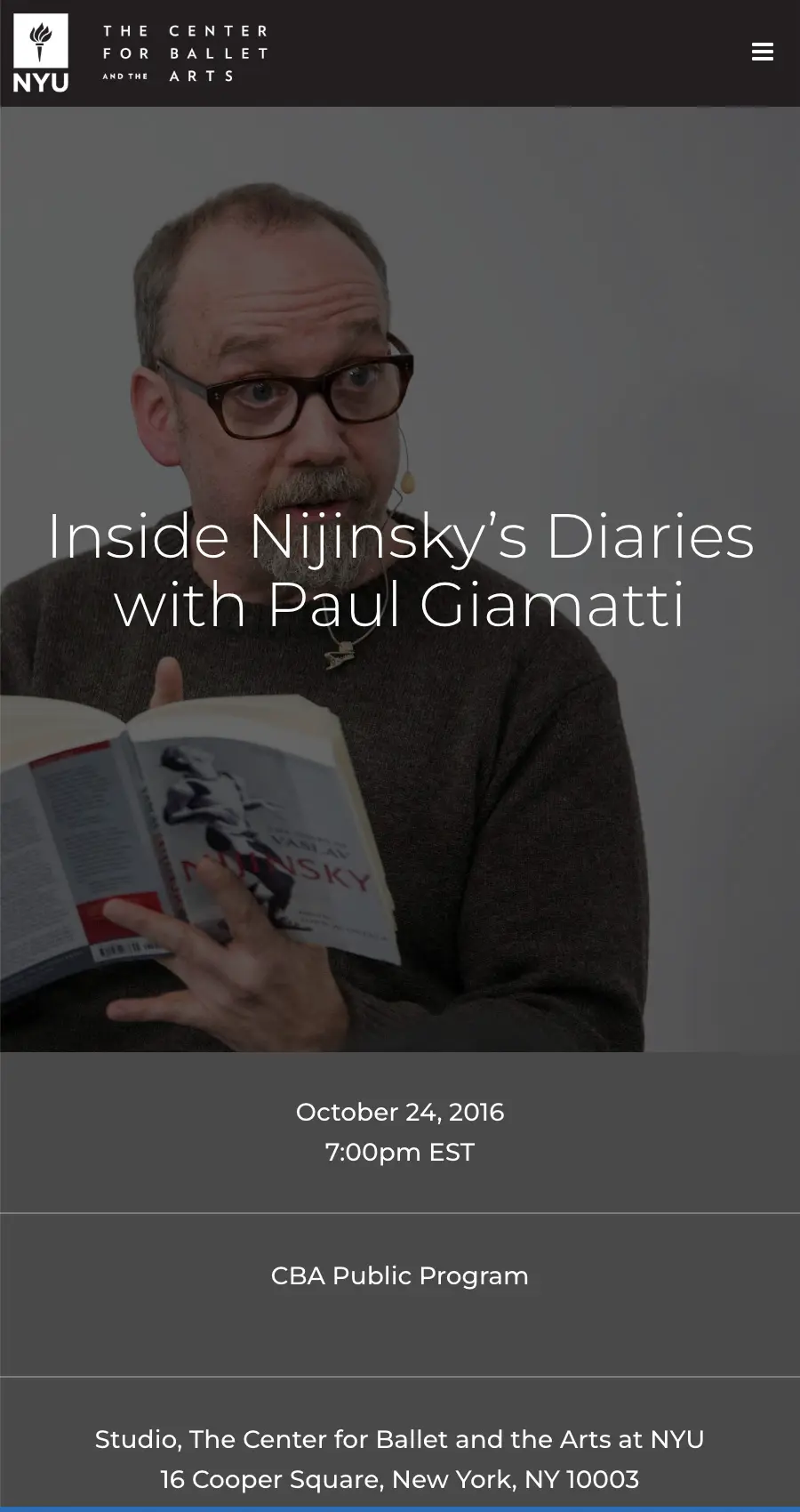 Paul Giamatti holds an open book and speaks at an event titled "Inside Nijinsky’s Diaries," hosted by NYU’s Center for Ballet and the Arts.