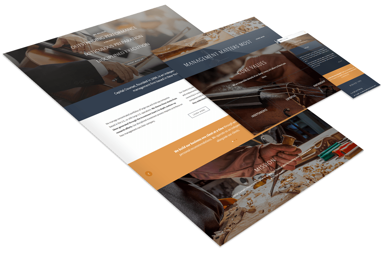 Three angled overlapping website pages feature images of musical instrument craftsmanship, with sections titled "MANAGEMENT MATTERS MOST," "COVENANTS," and "MISSION.