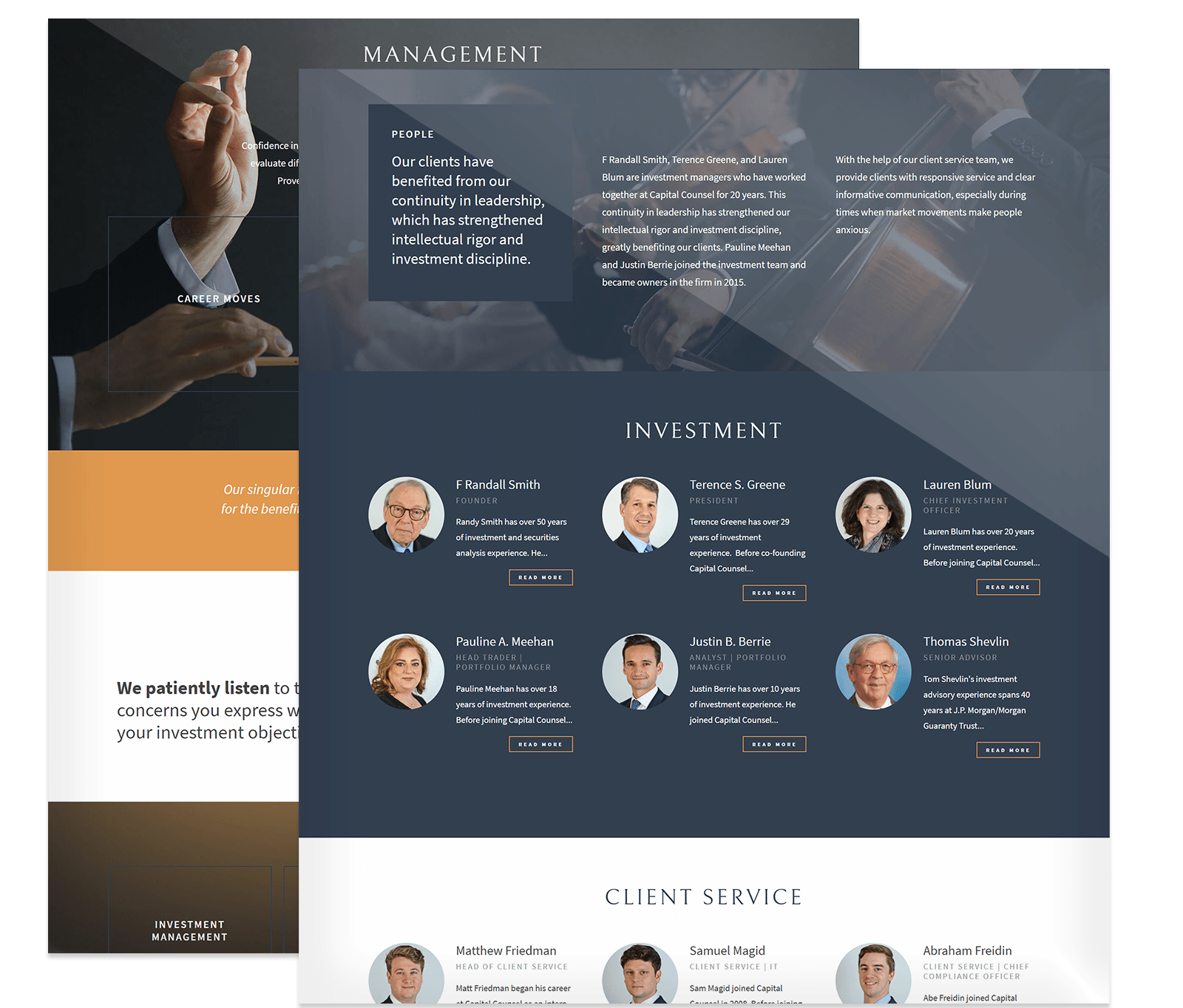 A website section displays profiles of investment management team members with headshots, brief bios, and contact links, overlaid on a background of business and legal-themed images.