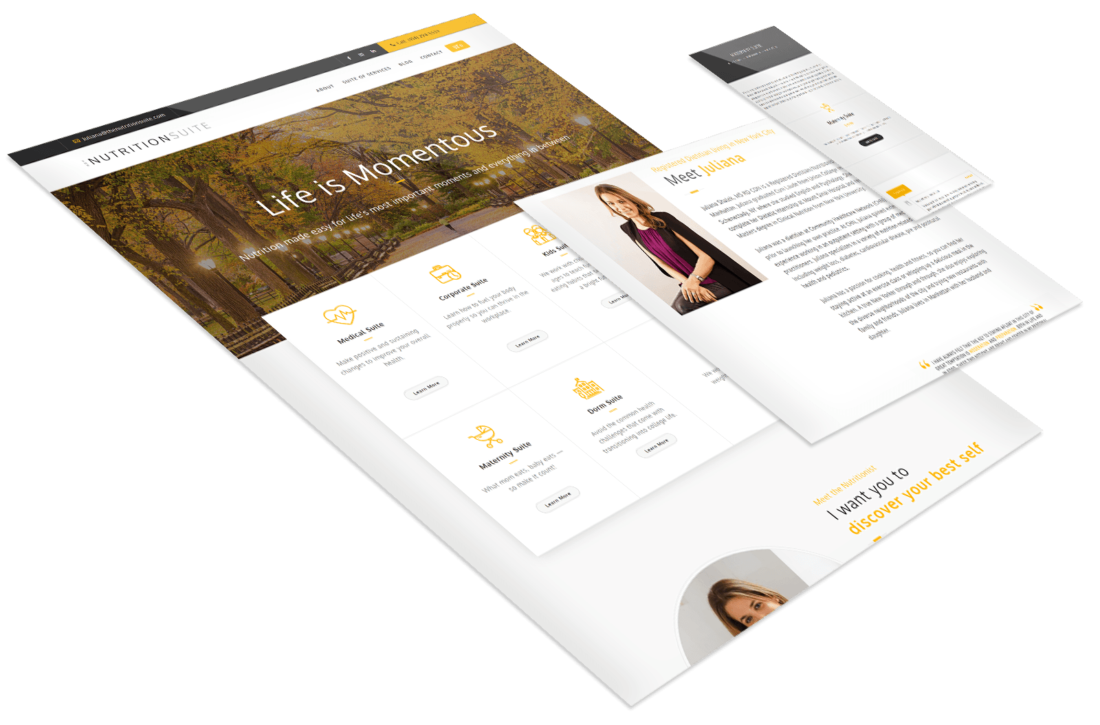 A website mockup for a nutrition and wellness service, building a website that stands out with angled overlapping web pages featuring sections for services, about the owner, and contact information.