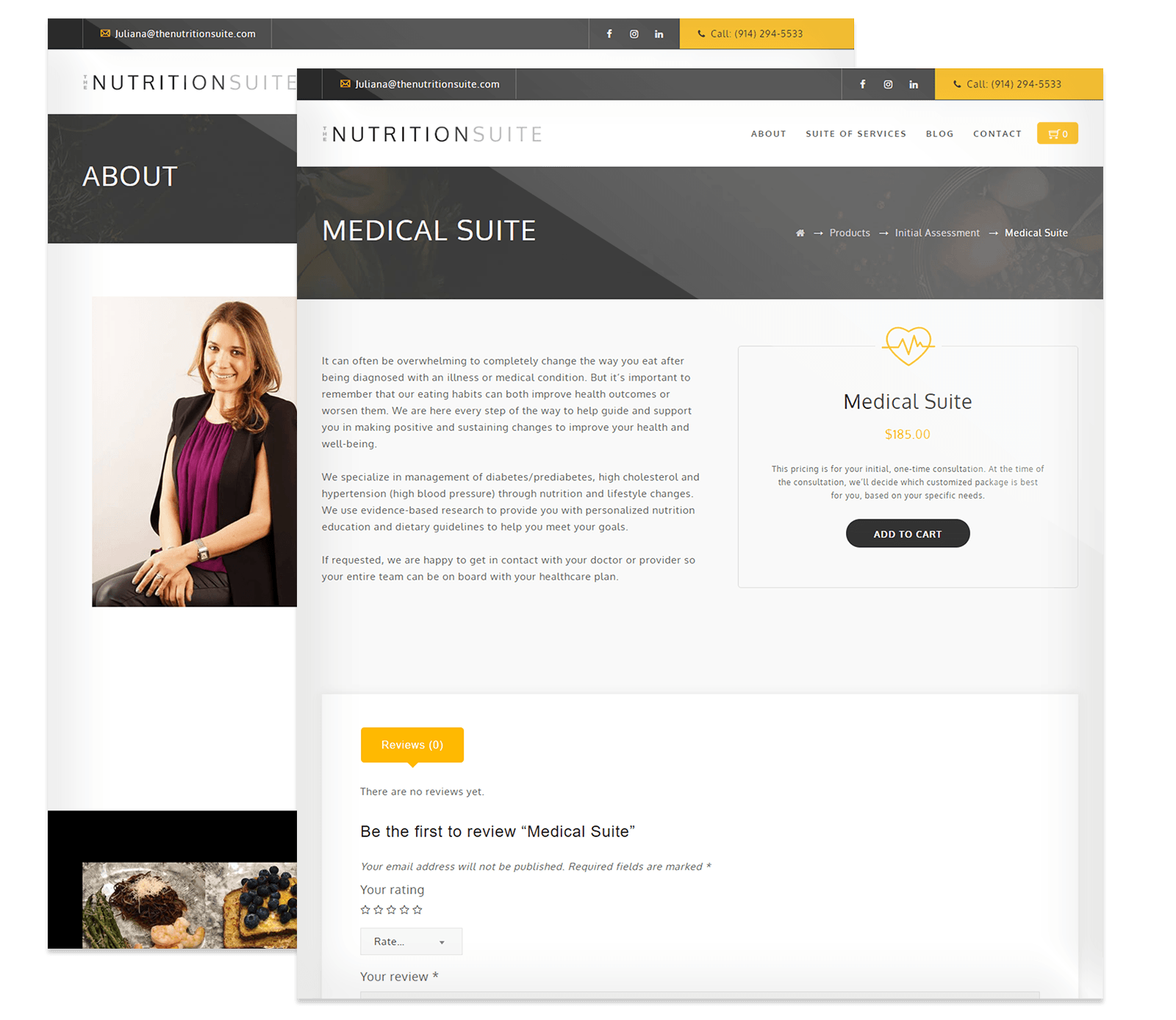 Website interface showcasing a product page for "Medical Suite" at $85, featuring an "Add to Cart" button, reviews section, and sidebar with contact info—ideal for building a website that stands out.