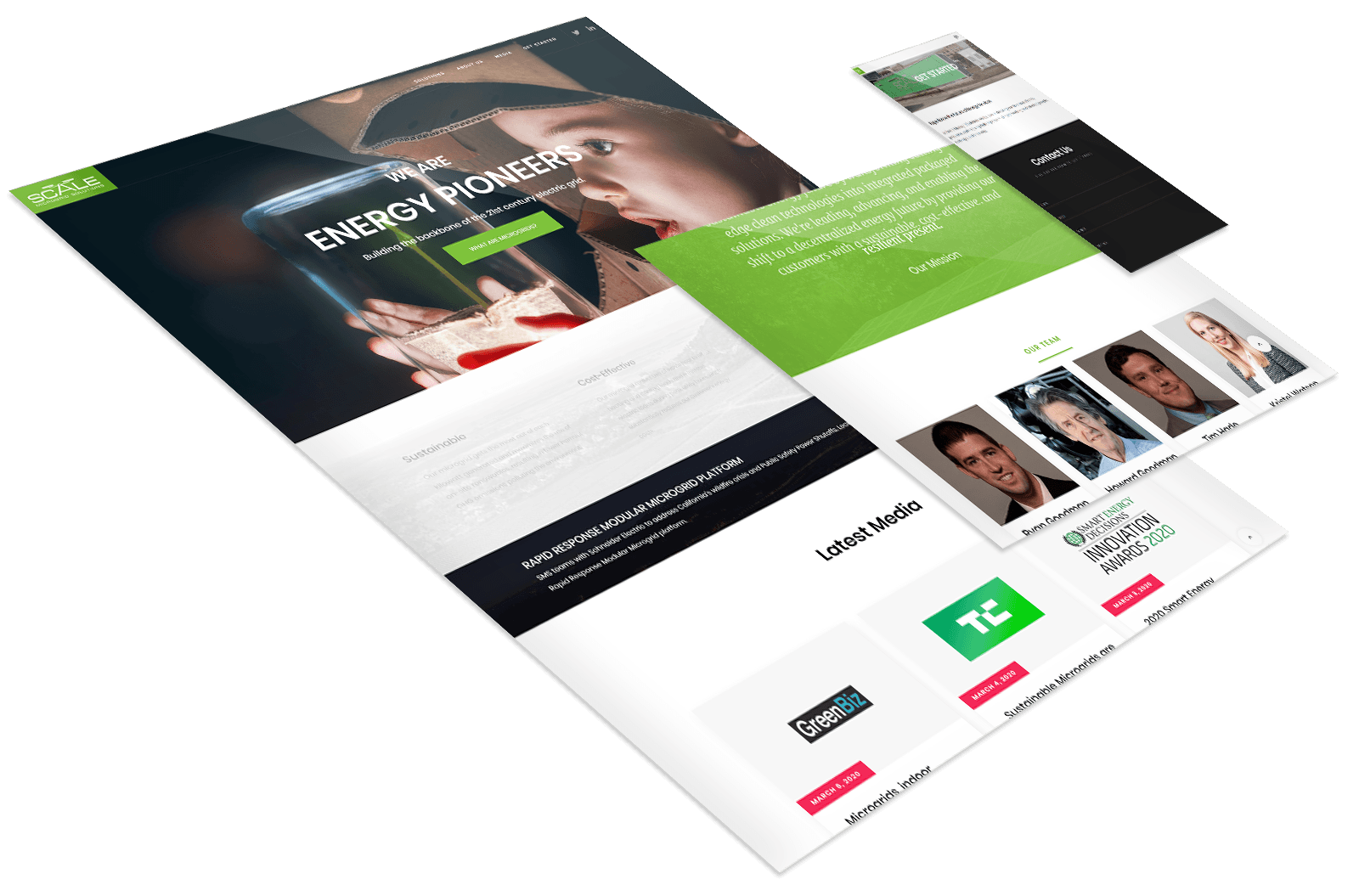 Angled view of a website homepage featuring a large banner image of a child, navigation menu, team photos, media logos, and a green call-to-action section.