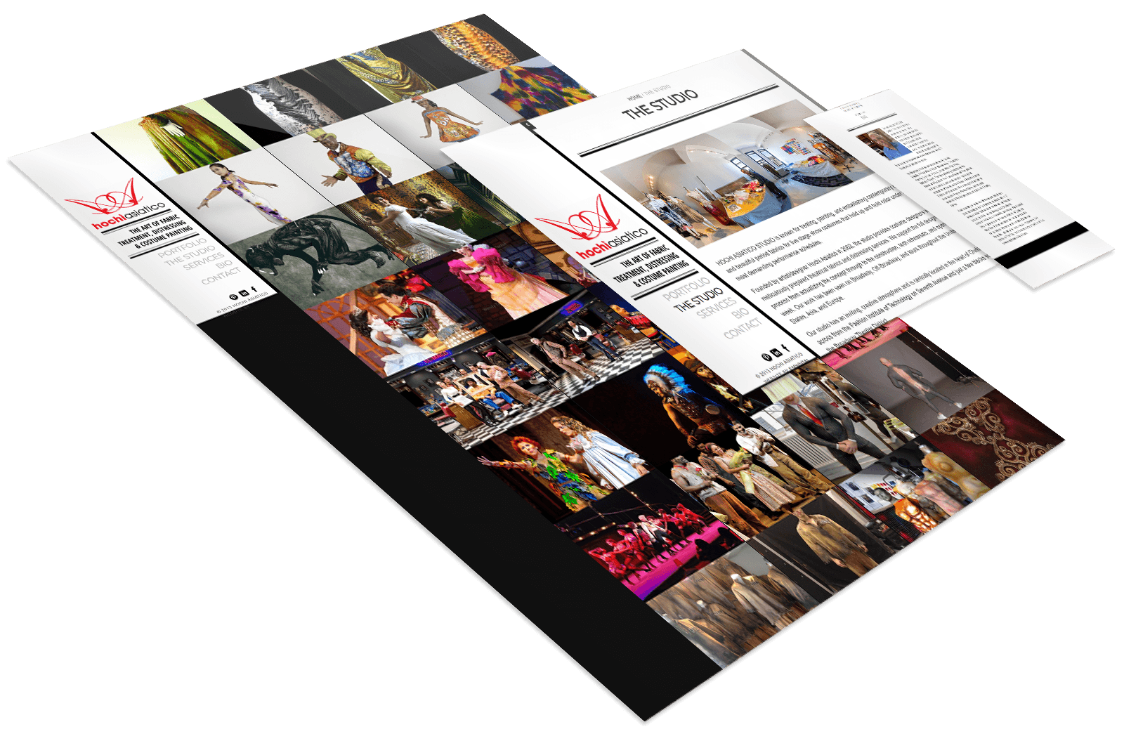 A collage of website mockups featuring a mix of costume design photos, stage performances, and informational sections on a white background.