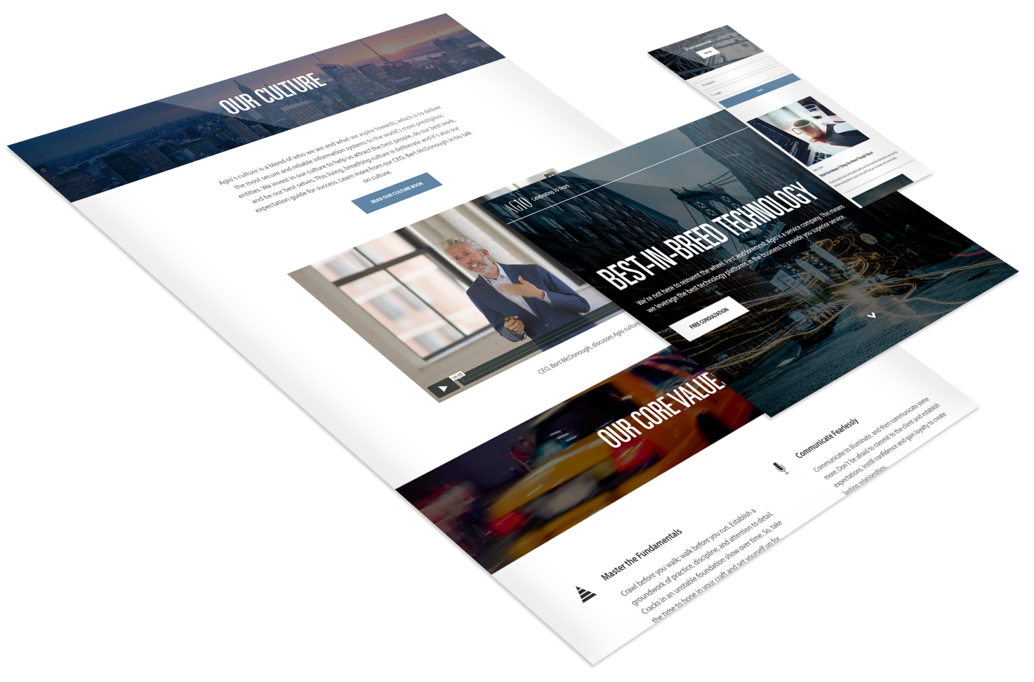 Three overlapping website mockups display sections on company culture, AI technology, and core values, featuring images, text, and a video thumbnail on angled white backgrounds.