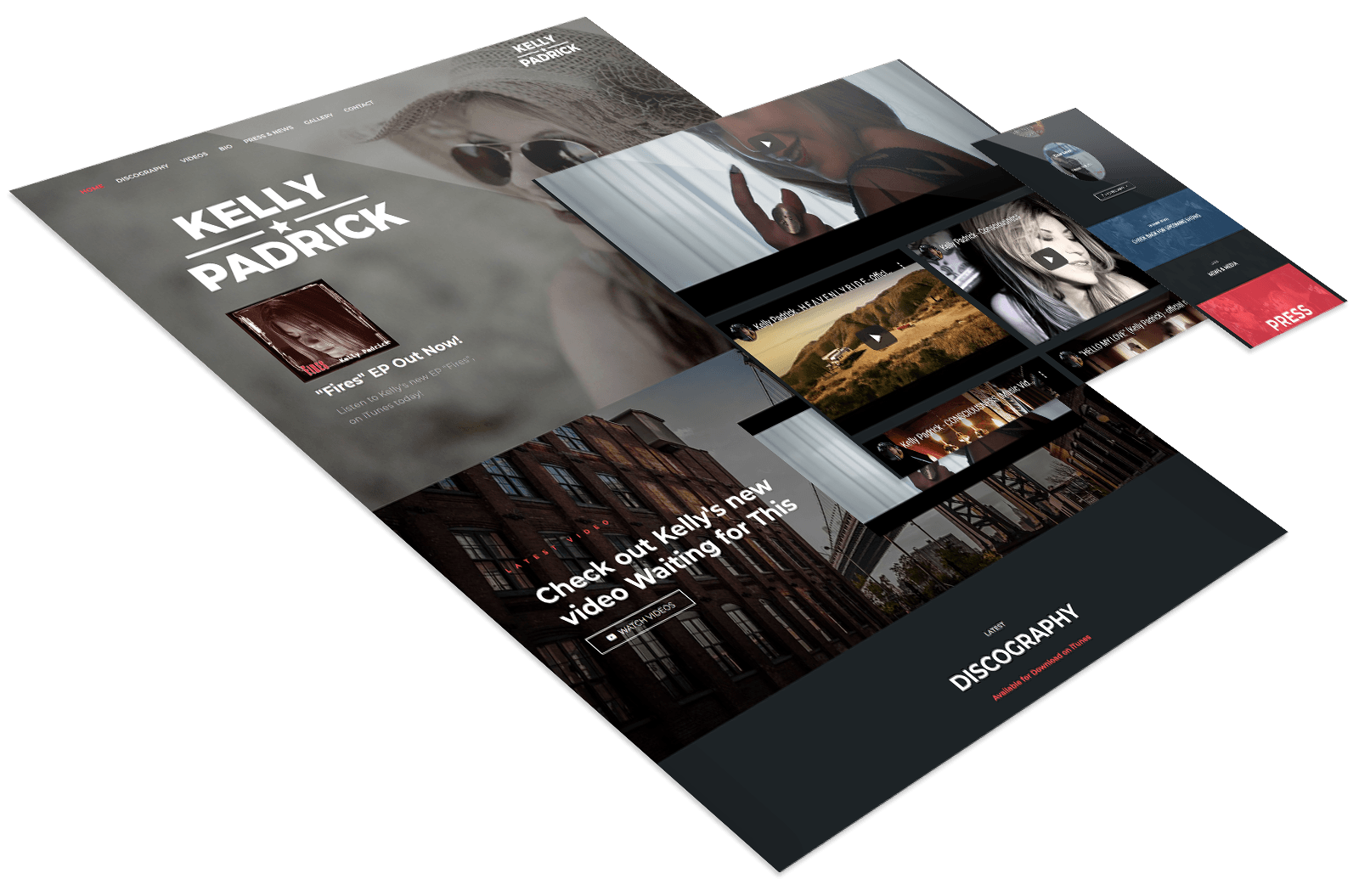 Angled view of a modern musician’s website mockup showing sections for a new EP release, music video, discography, and press, with large artist images and a dark color scheme.