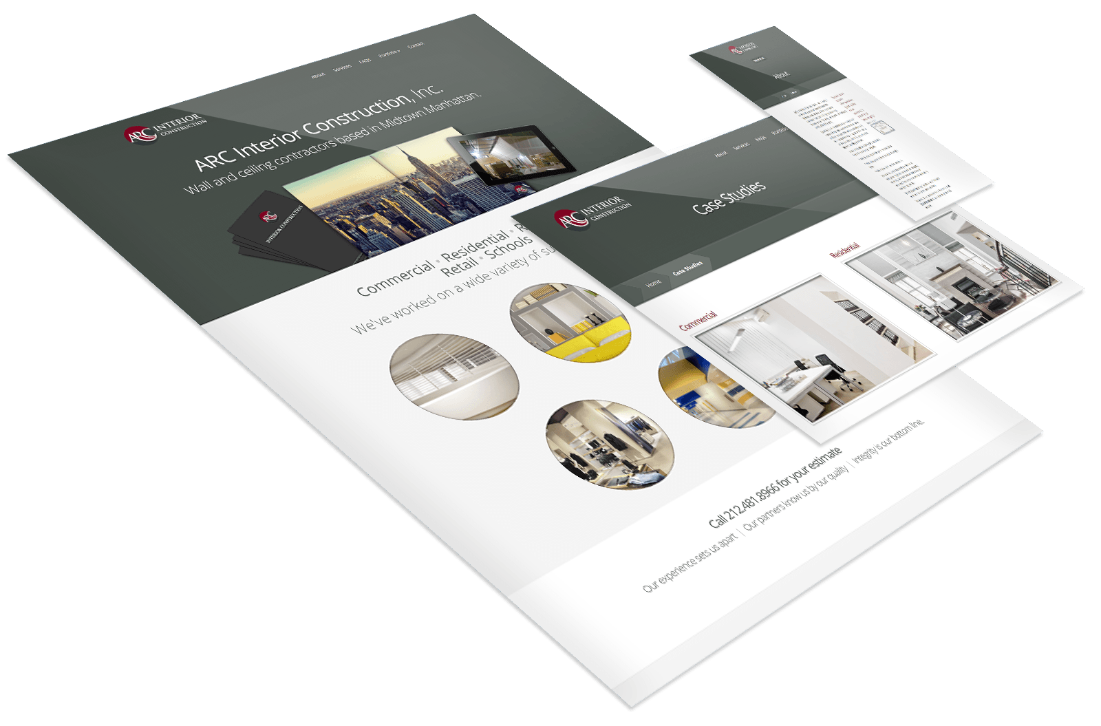 A website mockup for ARC Interior Construction Inc. is displayed, showing homepage sections, project images, and a navigation menu on desktop and mobile views.