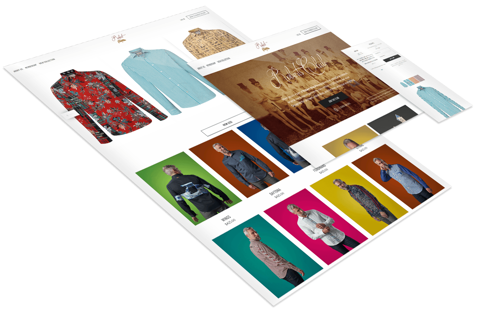 Collage of e-commerce website pages featuring men's shirts in various styles and colors, product details, and models showcasing the shirts against colorful backdrops.