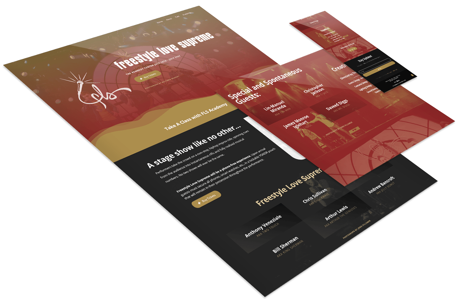 Tilted view of a website design for "Freestyle Love Supreme" featuring a red and gold color scheme, show information, cast details, and navigation menus.