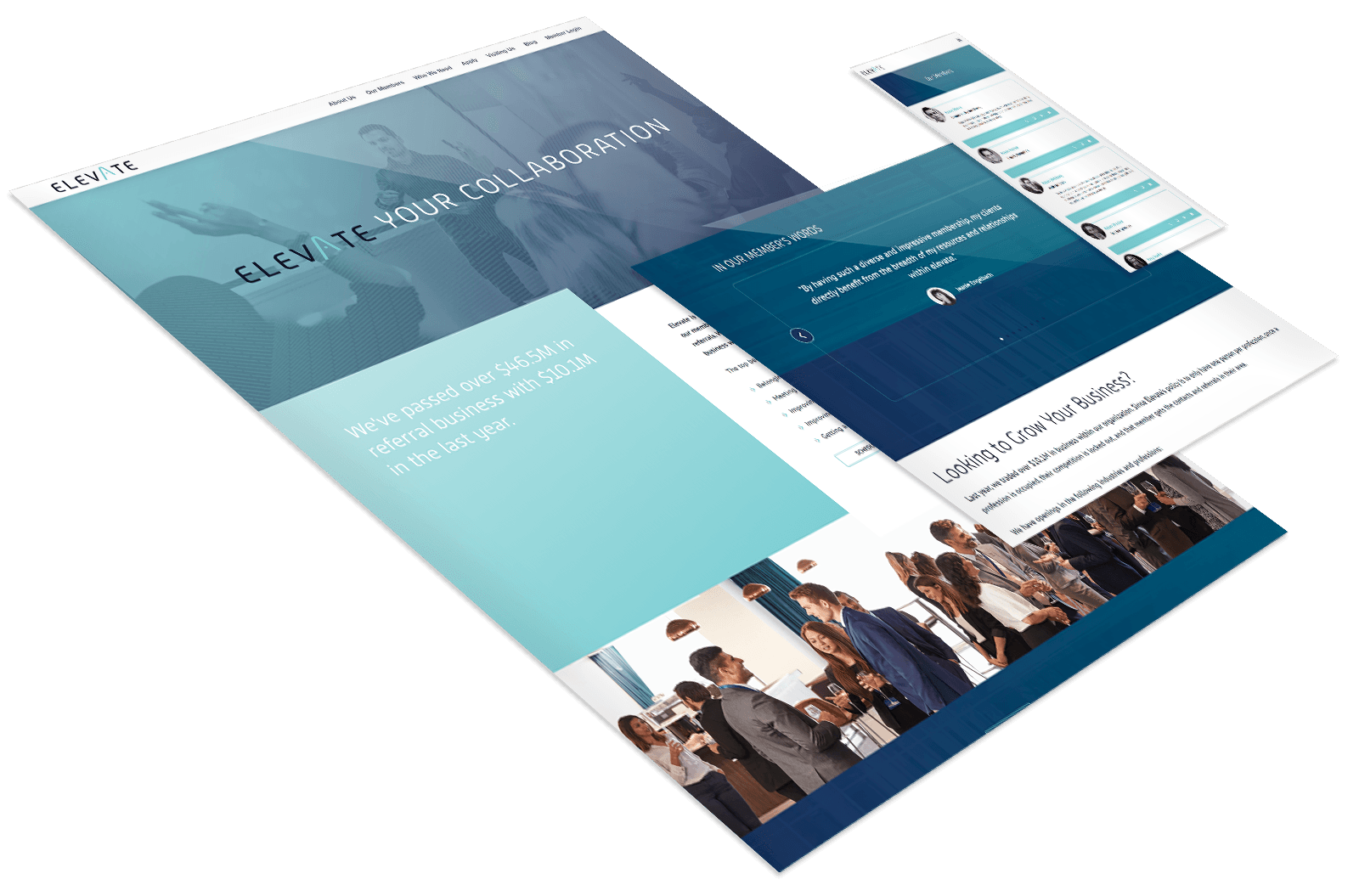 A website mockup for a business collaboration platform, featuring a homepage, testimonials, networking event photo, and a messaging interface.