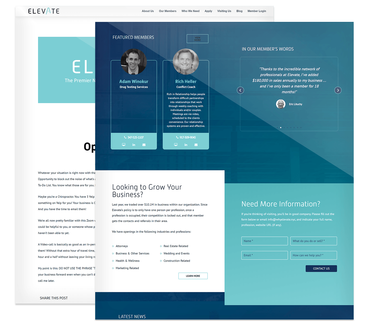 Screenshot of a business website featuring member testimonials, a form for inquiries, and information on services offered, with a blue and white color scheme.