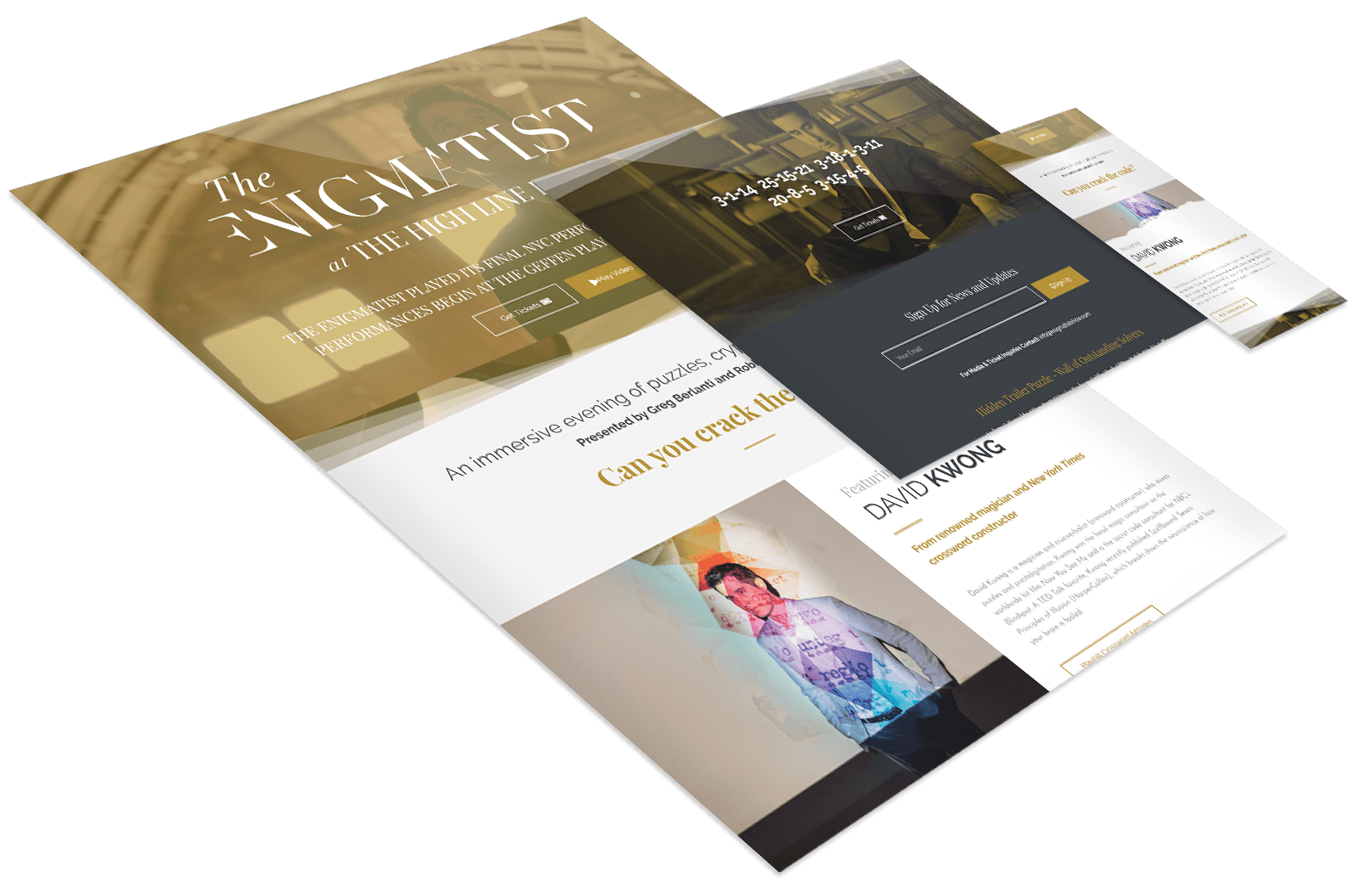 A multi-page website layout featuring "The Enigmatist" event with gold, white, and dark gray accents, text sections, and images of an individual and show details.