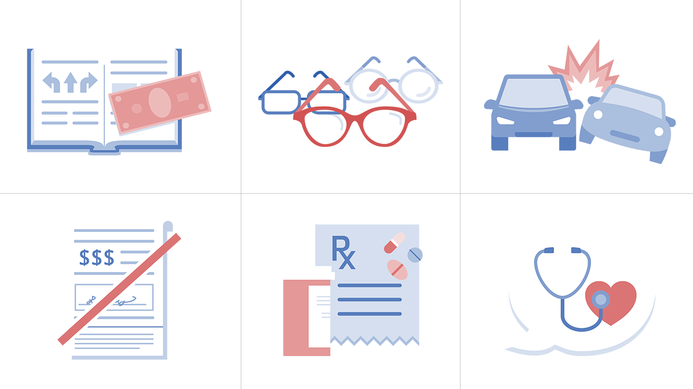 Six illustrations: open book with cash, pairs of eyeglasses, two cars in a collision, signed document, prescription with pills, and stethoscope with heart in speech bubble.