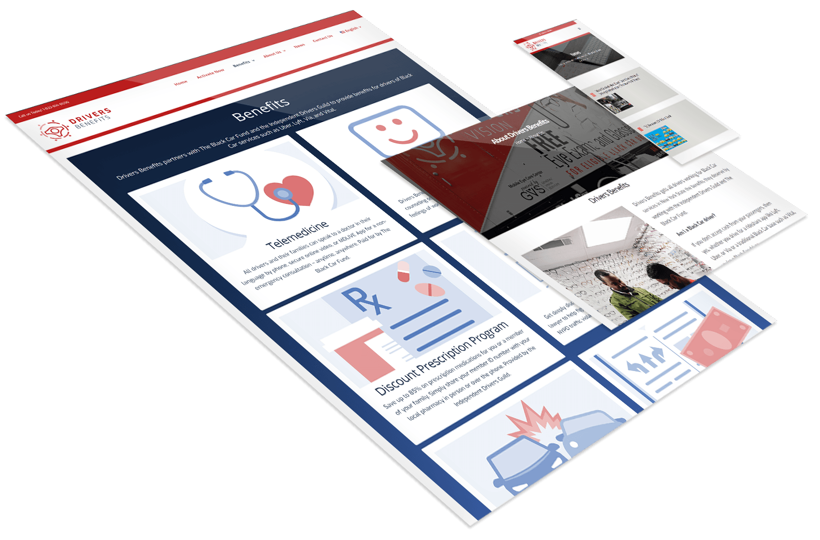 A website layout showing sections on benefits like telemedicine, discount prescription program, and auto protection, with illustrative icons and text descriptions.
