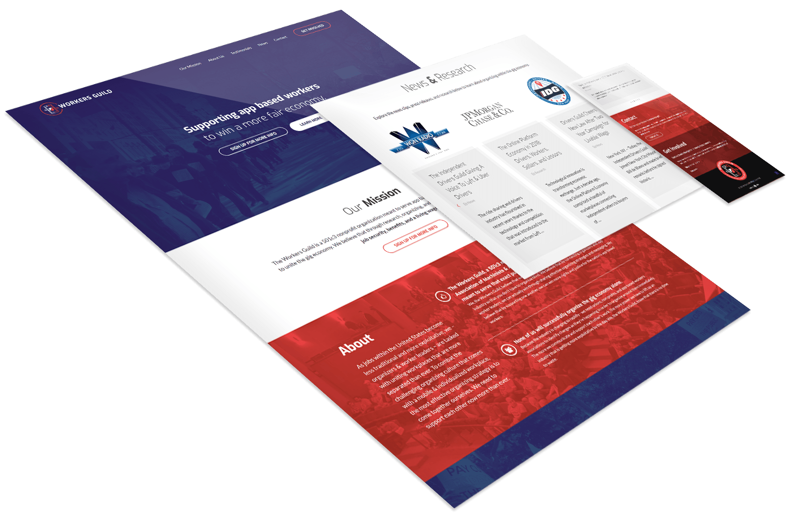 Tilted view of a website homepage displaying sections for mission, about, and news with a blue and red color scheme and navigation menu at the top.