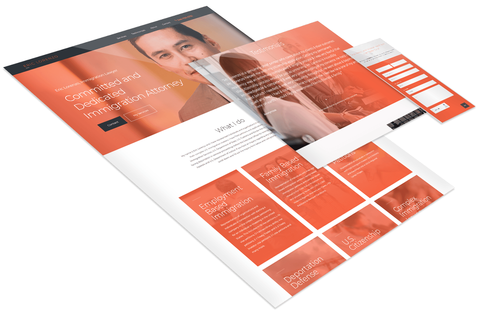 A 3D mockup of a law firm website with an orange and white theme, displaying sections for services, testimonials, contact form, and a photo of an attorney.