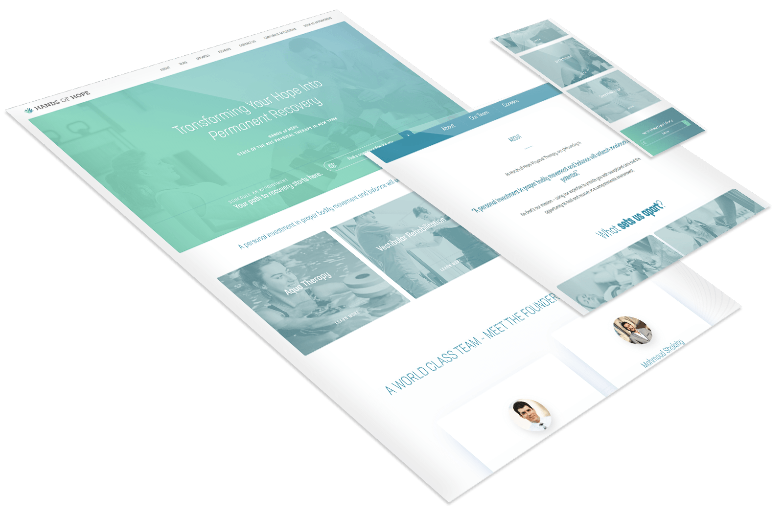 A website mockup with multiple angled screens displaying sections such as headlines, team, and testimonials in a blue and white color scheme.