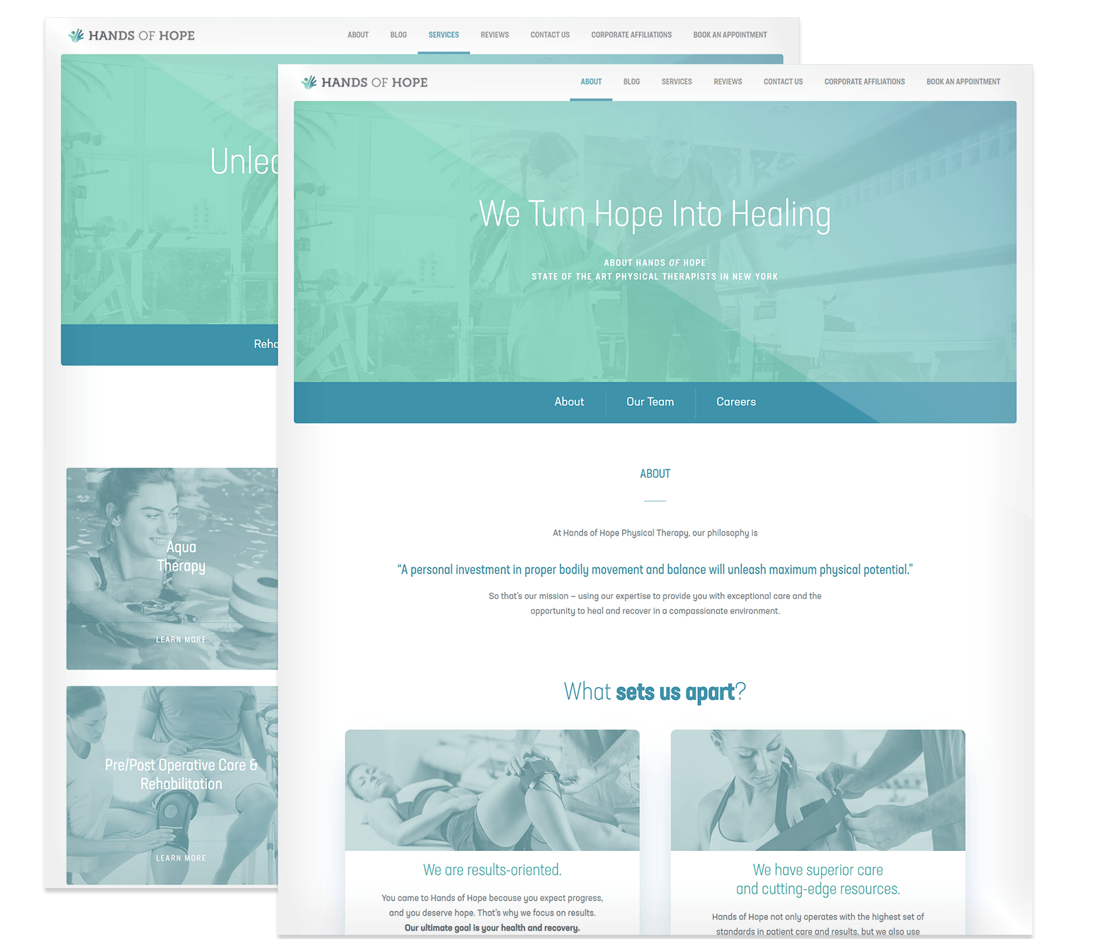 Screenshot of a website homepage for "Hands of Hope," a physical therapy clinic, featuring mission statements, service highlights, and navigation links.