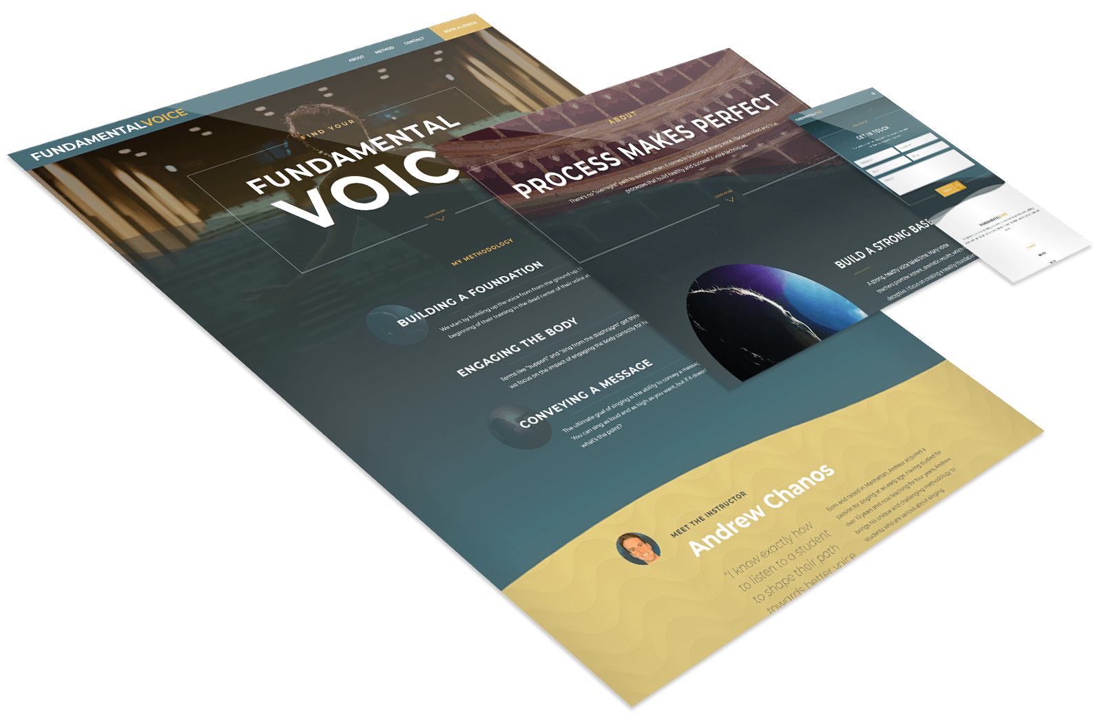 Angled view of a website design for "Fundamental Voice" featuring sections on building foundation, engaging the body, and improving presence, with a profile for Andrew Chanos.