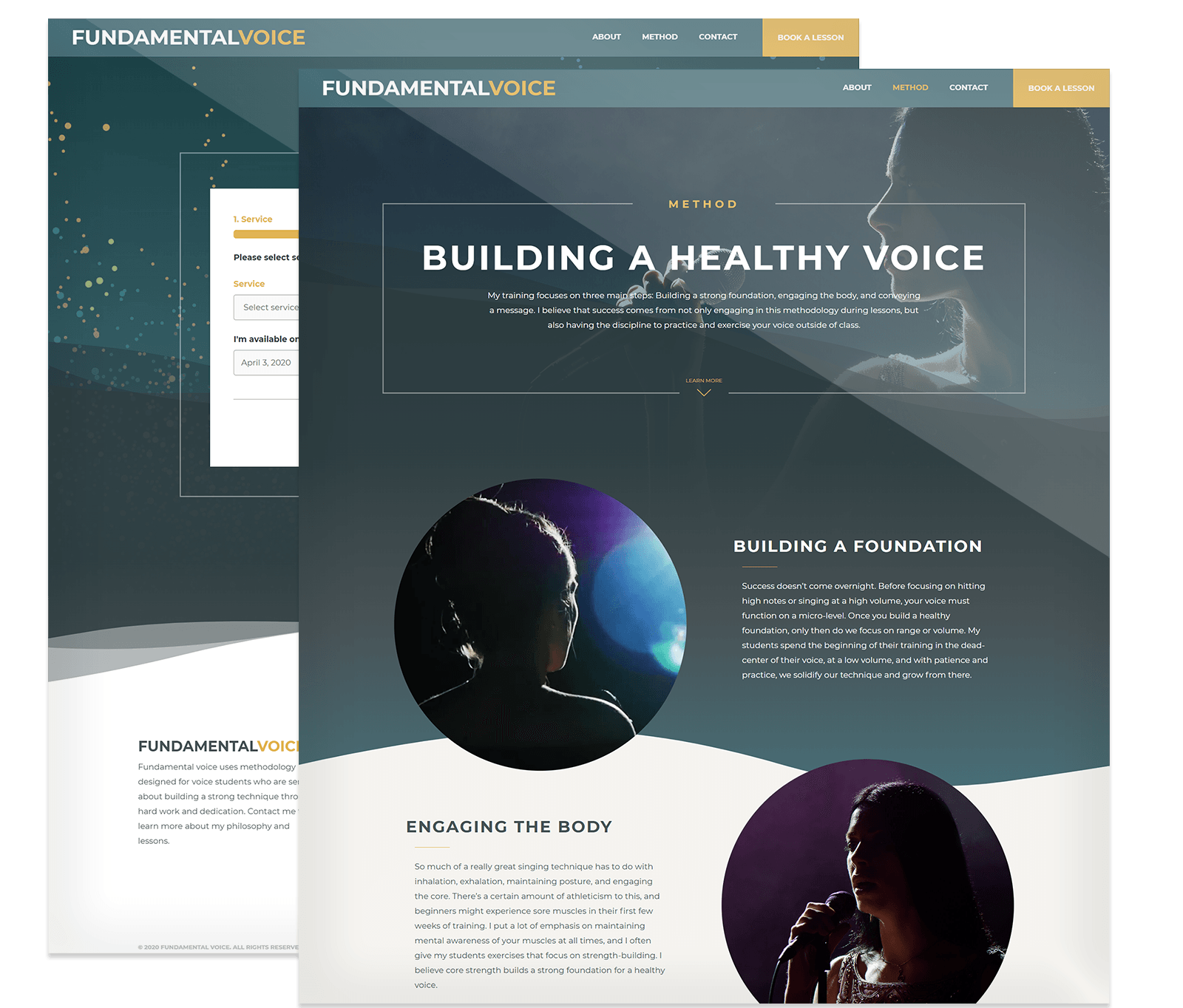 A website design for "Fundamental Voice" featuring sections on building a healthy voice, foundations, and engaging the body, with images of people singing or speaking.