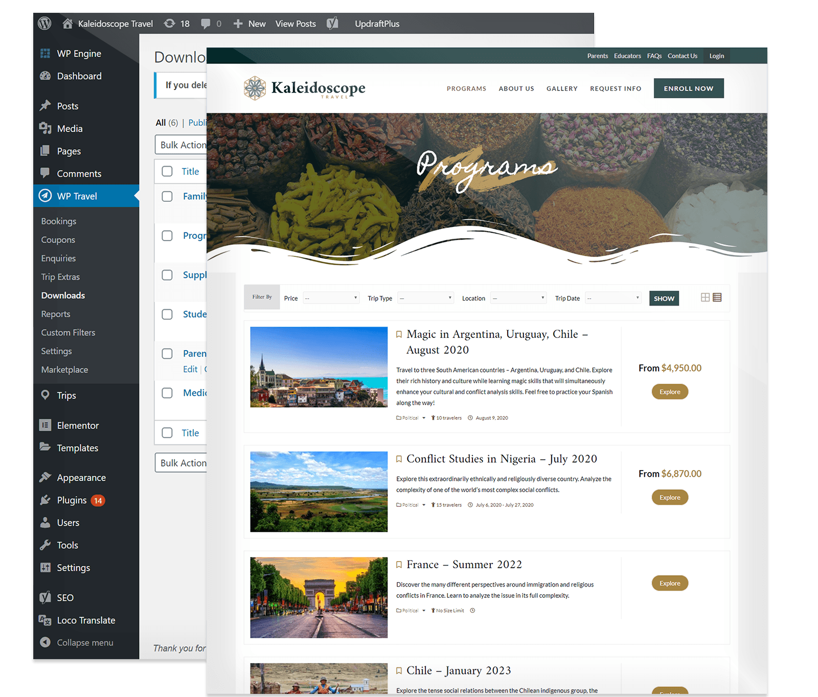 A computer screen displays a WordPress admin panel in the background and a travel program listing page for "Kaleidoscope" in the foreground.