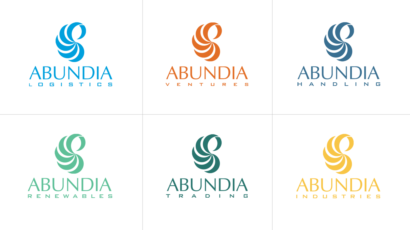 Six business logos for "ABUNDIA," each with a stylized abstract symbol and different color and subtitle: Logistics, Ventures, Handling, Renewables, Trading, and Industries.