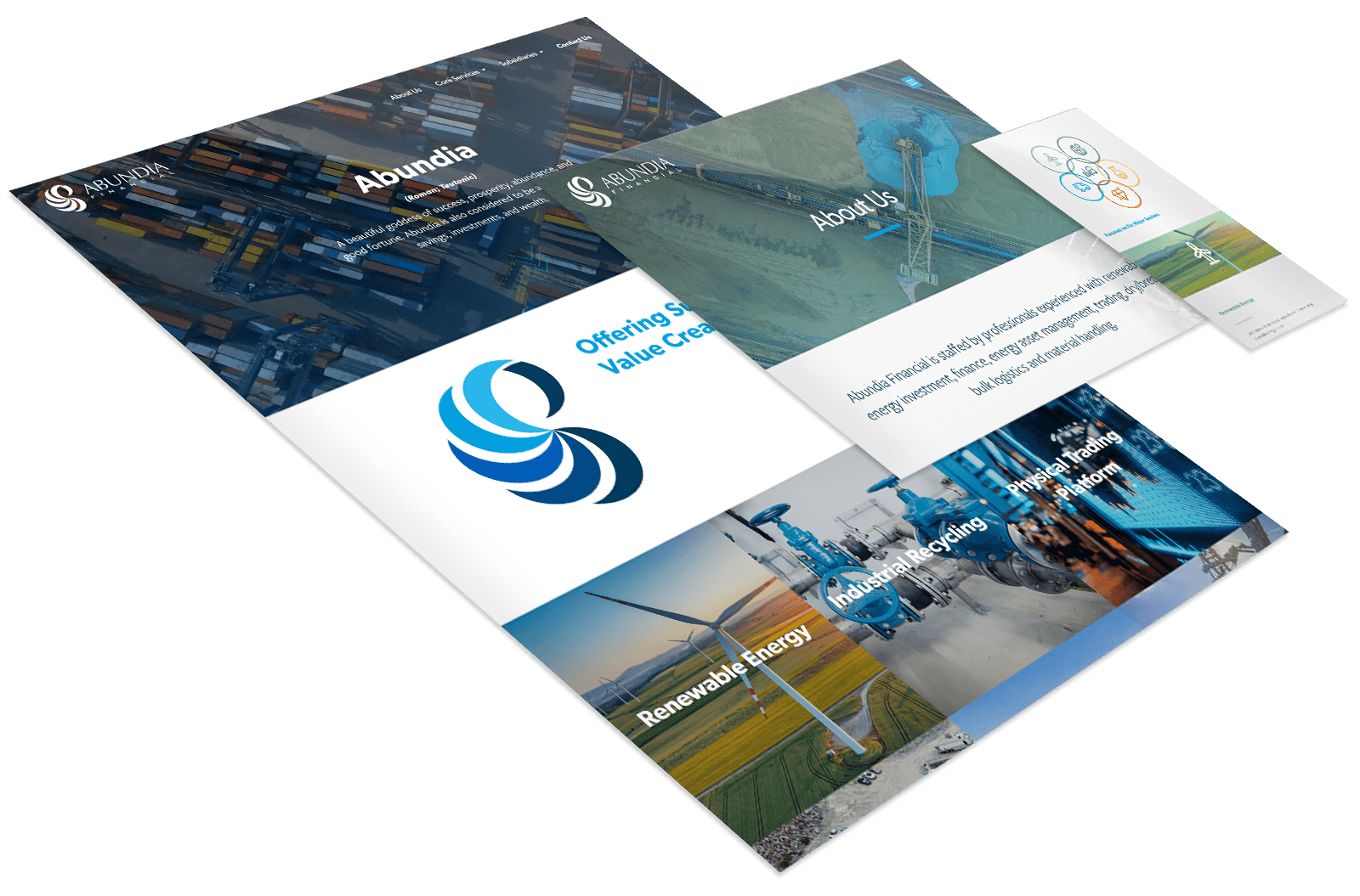 A set of marketing materials for Abundia, featuring company branding, logo, energy and industry-themed photos, and informational text about offerings and value creation.
