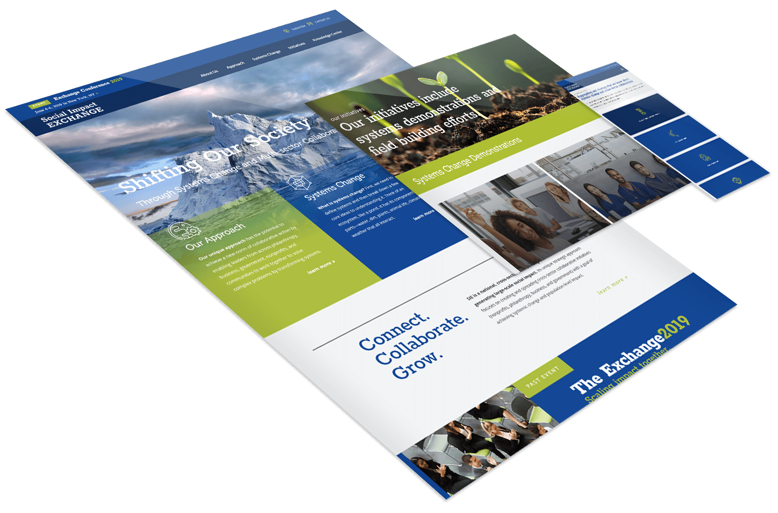 Angled view of a website layout featuring images, text blocks about systems change, collaboration, and organizational information, with blue, green, and white color themes.