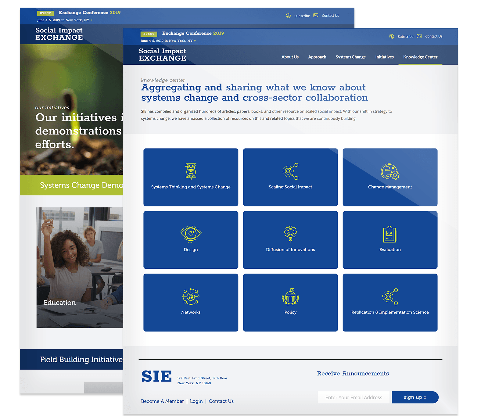 Screenshot of a website page with a navigation menu and main section displaying eight blue square buttons for topics, including systems change, scaling impact, and evaluation.