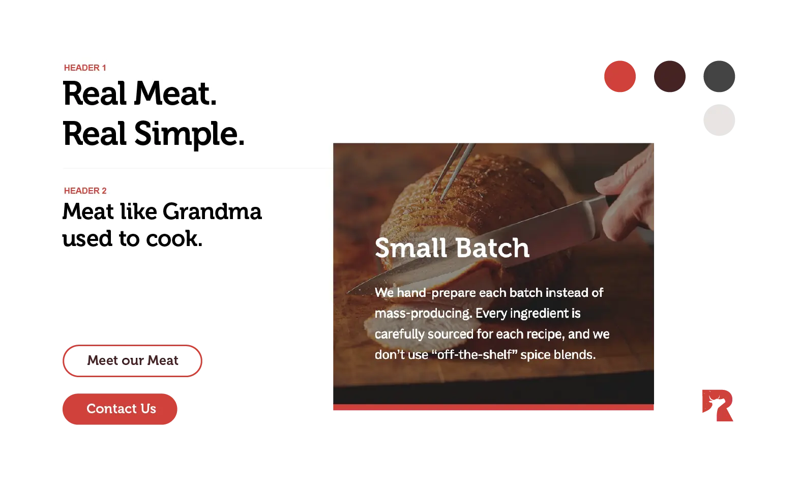 A hand slices cooked meat on a cutting board beside text highlighting small batch production and the slogan "Real Meat. Real Simple."—a perfect visual for any small business branding agency seeking authentic storytelling.