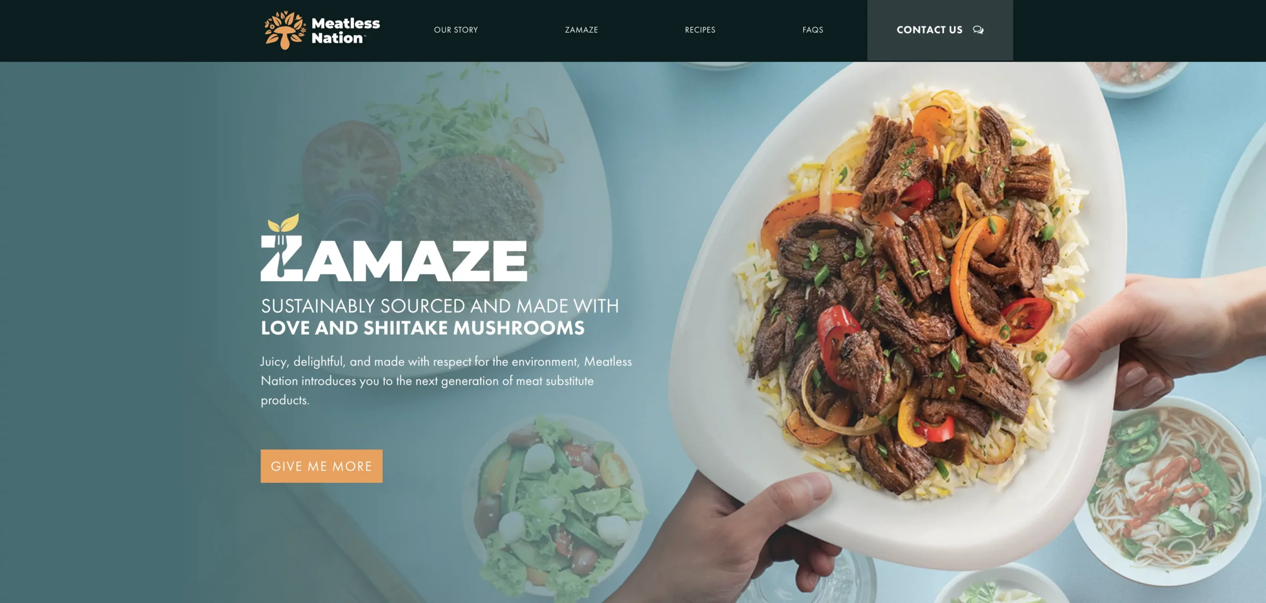 Two hands hold a white plate of stir-fried plant-based meat with peppers and onions, above a table with salads and veggies. Text on the left, designed by a Small Business Branding Agency, promotes sustainably sourced meat substitutes.