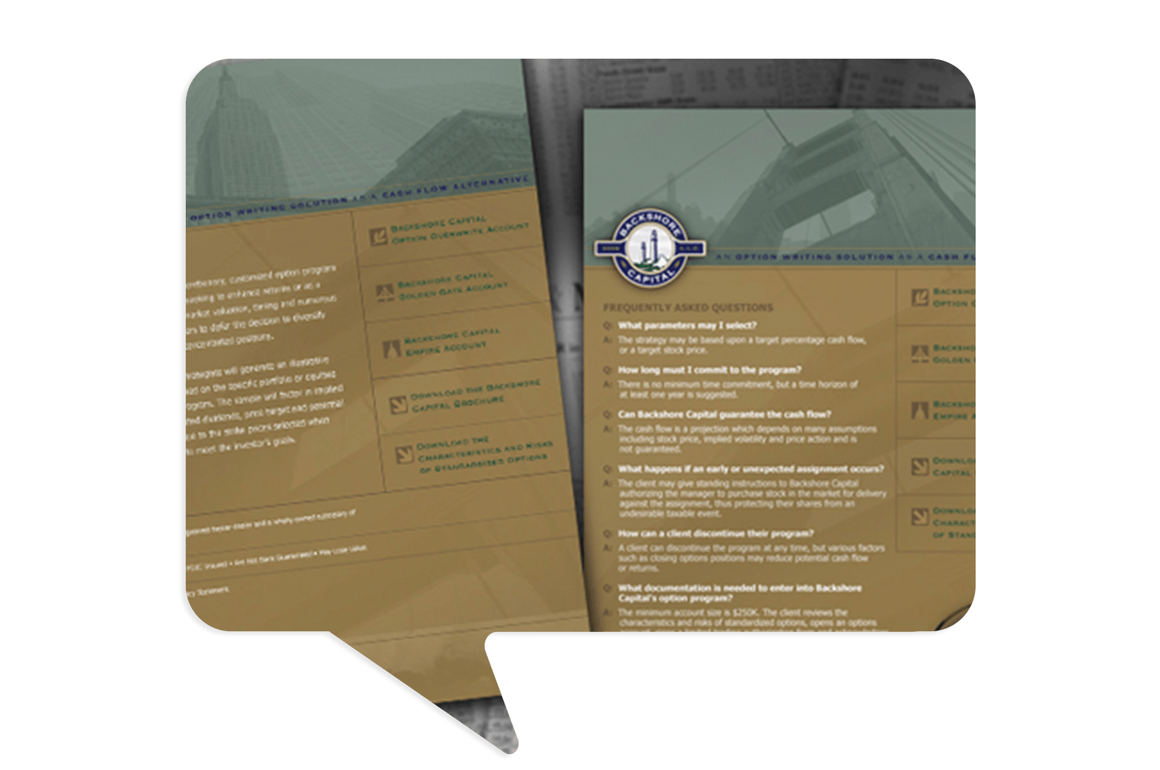 Two pages of a printed FAQ brochure with questions and answers, featuring muted green and gold colors, and a partial bridge image in the background.