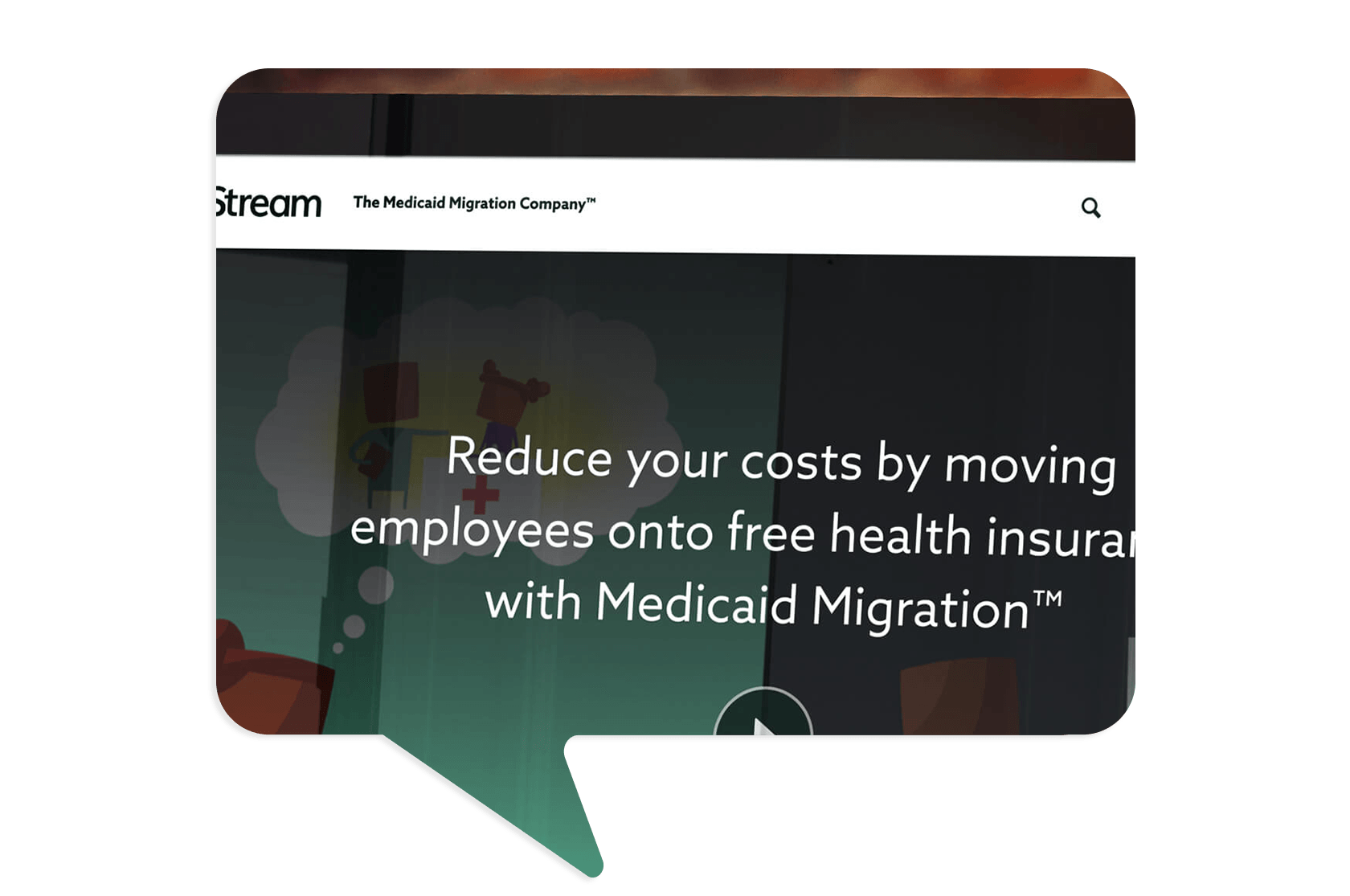 A website displays the message: "Reduce your costs by moving employees onto free health insurance with Medicaid Migration™.
