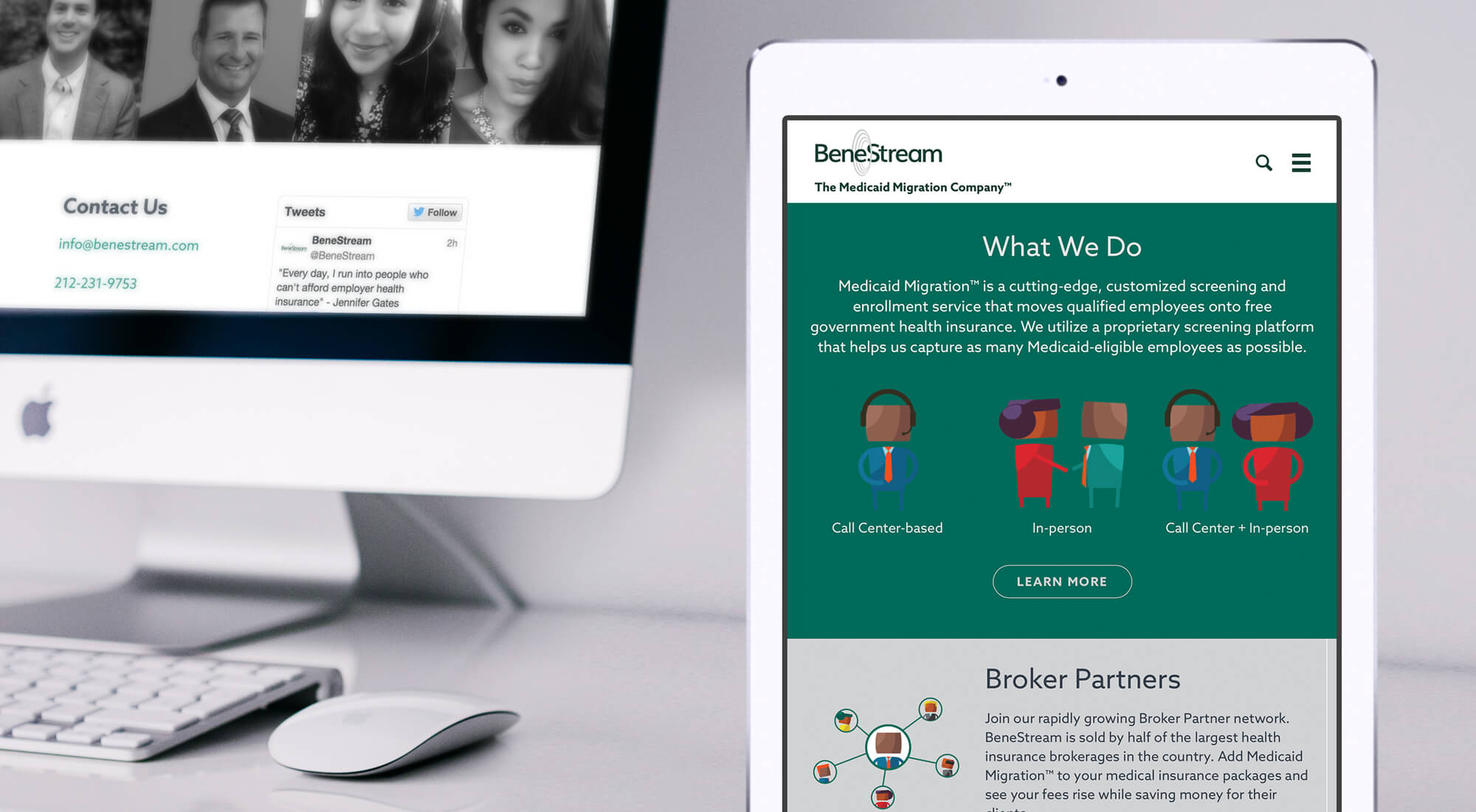 A computer monitor displays contact information, while a tablet shows a company website describing Medicaid migration services and broker partnerships.