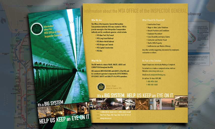 Brochure cover and inside spread for the MTA Office of the Inspector General featuring subway imagery, informational text, and the slogan "HELP US KEEP AN EYE ON IT.